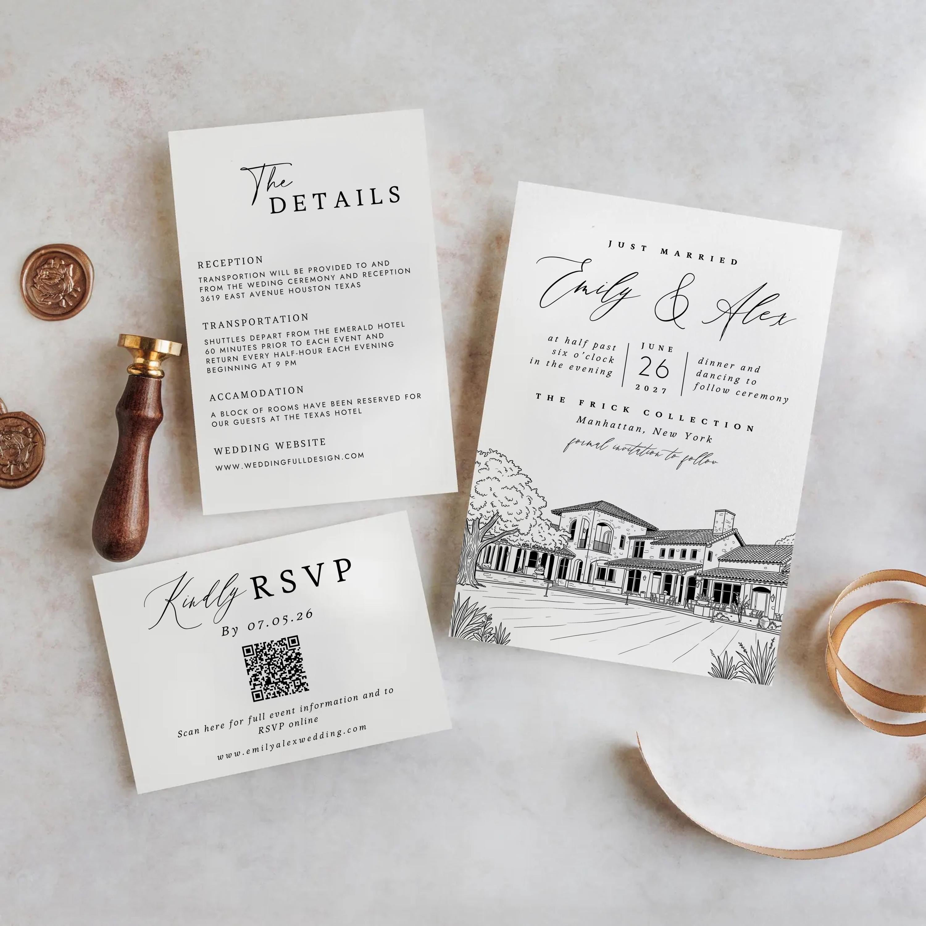Personalized Wedding Venue Sketch Invitation Suite | Modern Wedding Stationery Bundle | Editable Canva Template