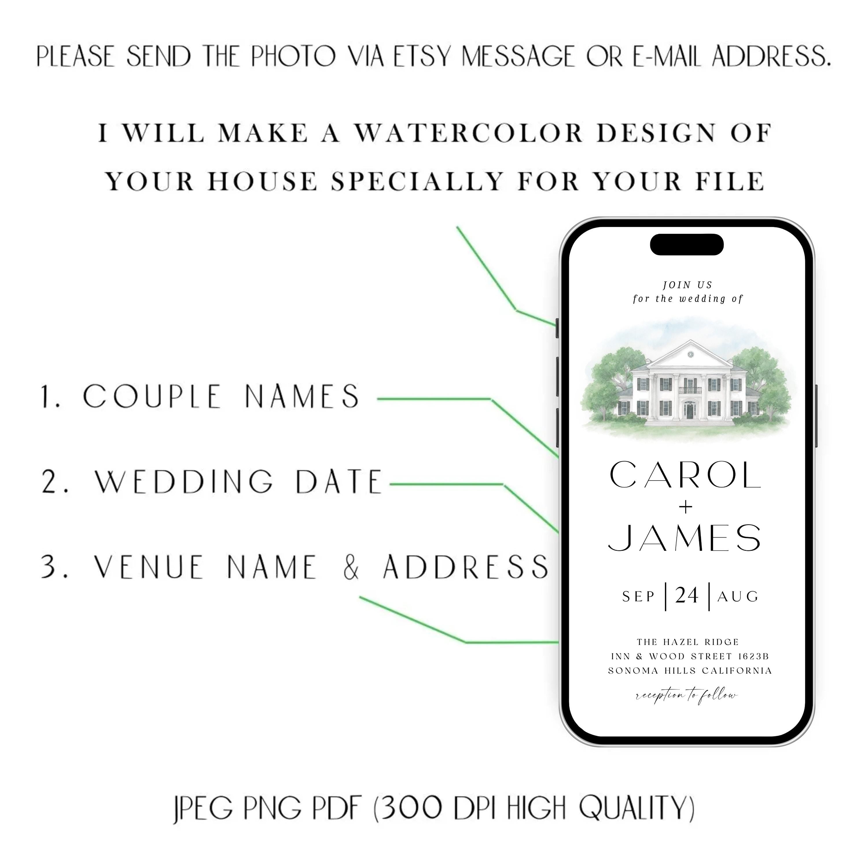 Digital Venue Sketch Save the Date: Watercolor Wedding E-vite (JPEG, PNG, PDF