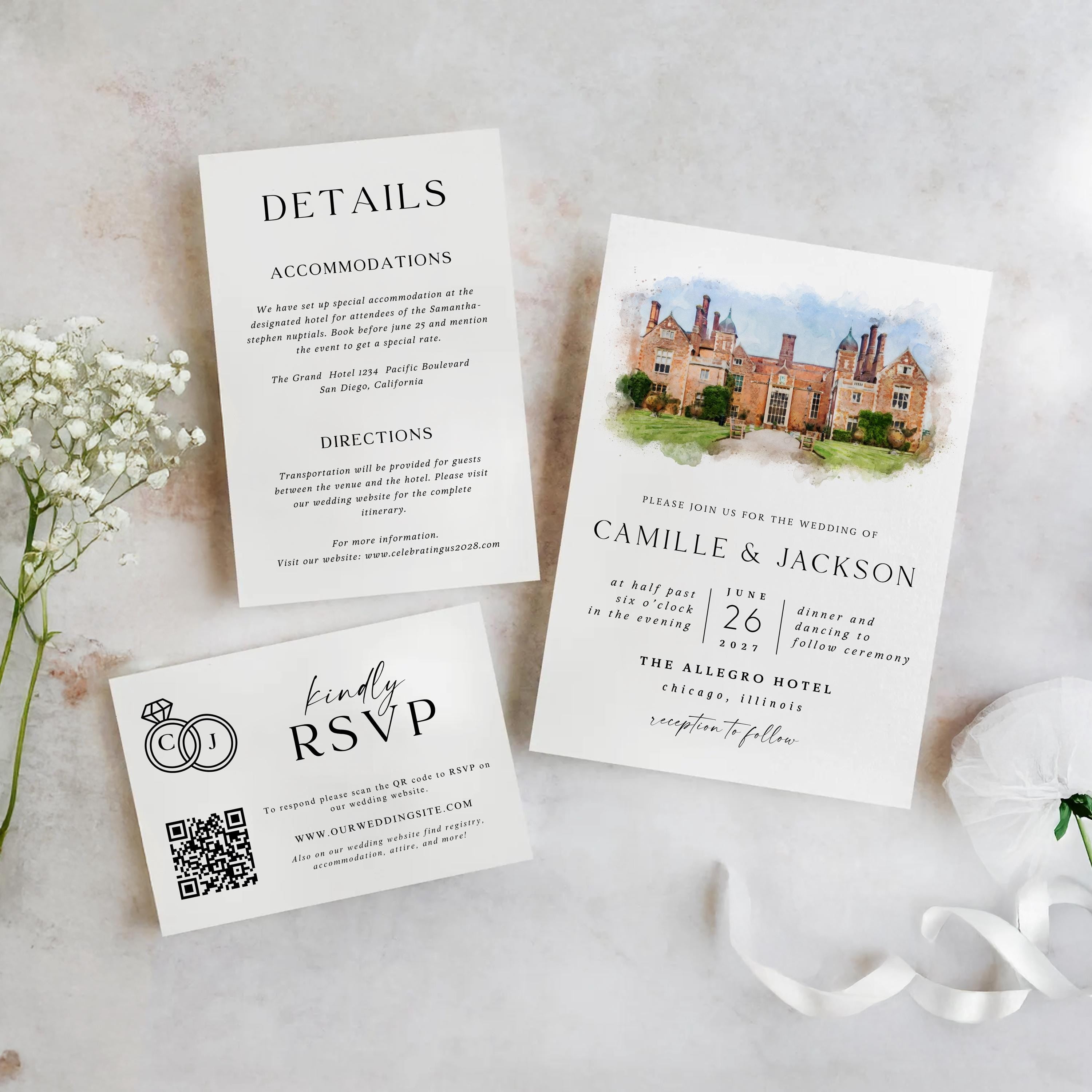 Custom Watercolor Wedding Venue Invitation Template: DIY Canva Design (Digital Download