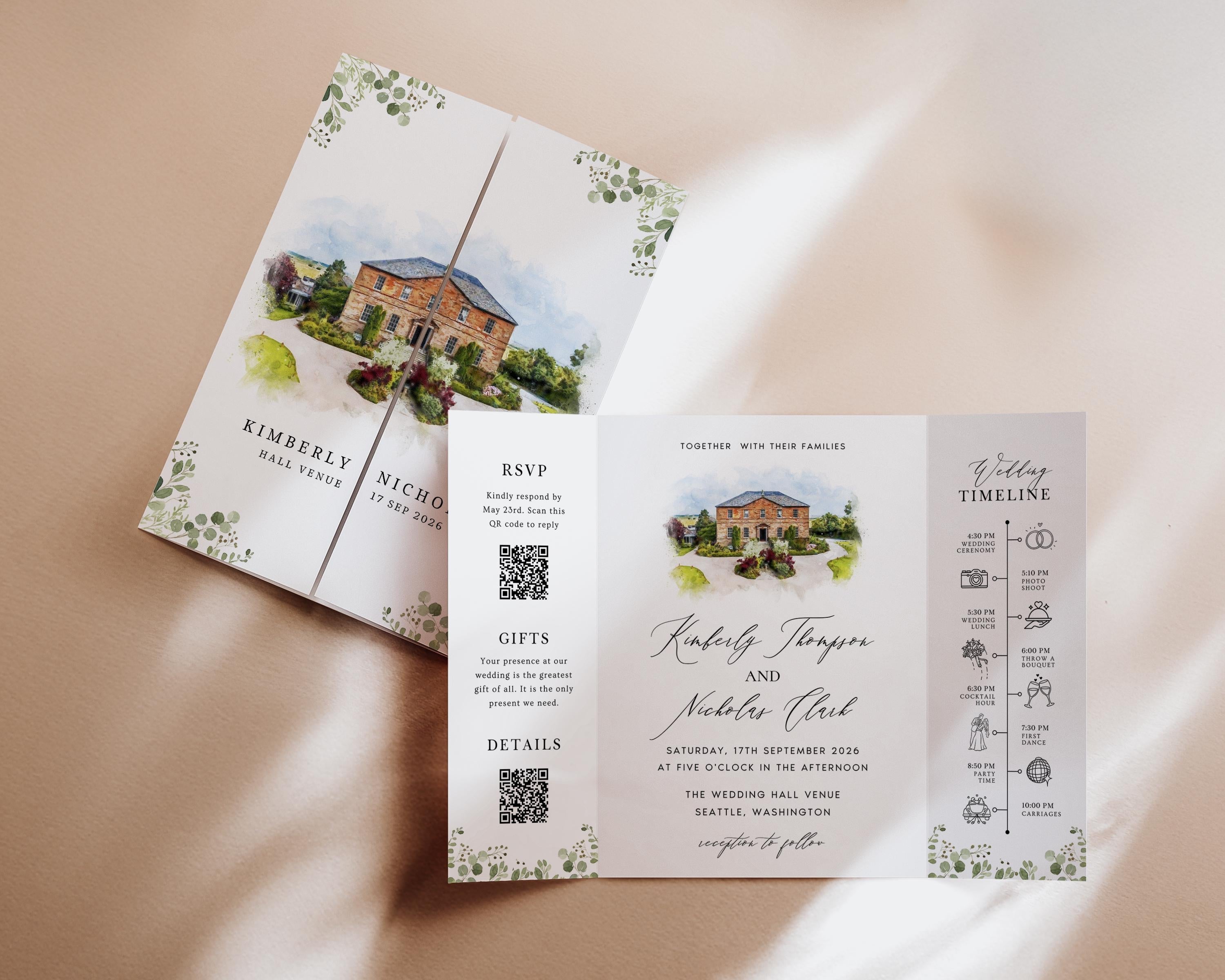 Personalized Watercolor Venue Wedding Invitation | Editable Canva Custom Gatefold Invite | Modern Wedding Template