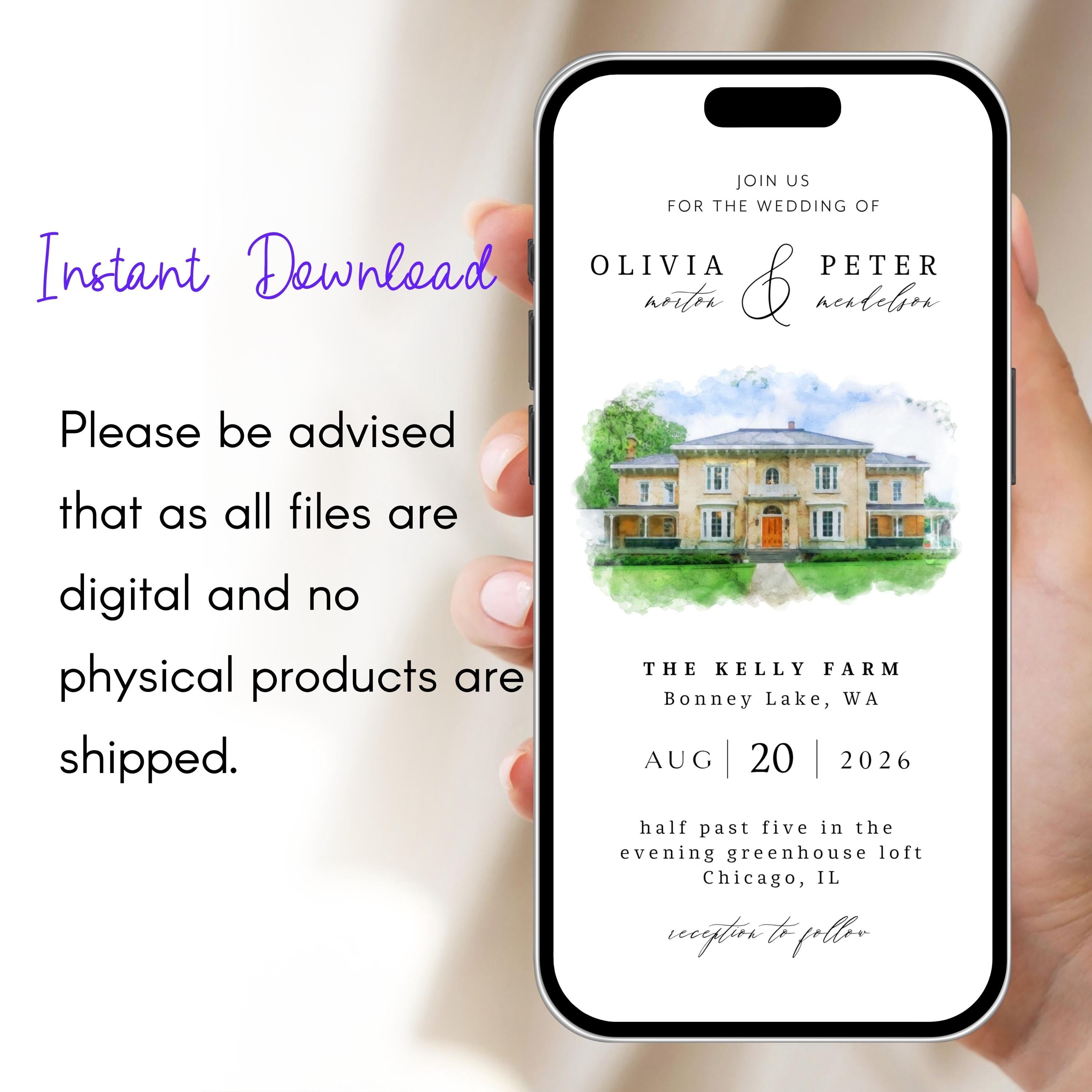 Digital Venue Sketch Save the Date: Watercolor Wedding E-vite (JPEG, PNG, PDF