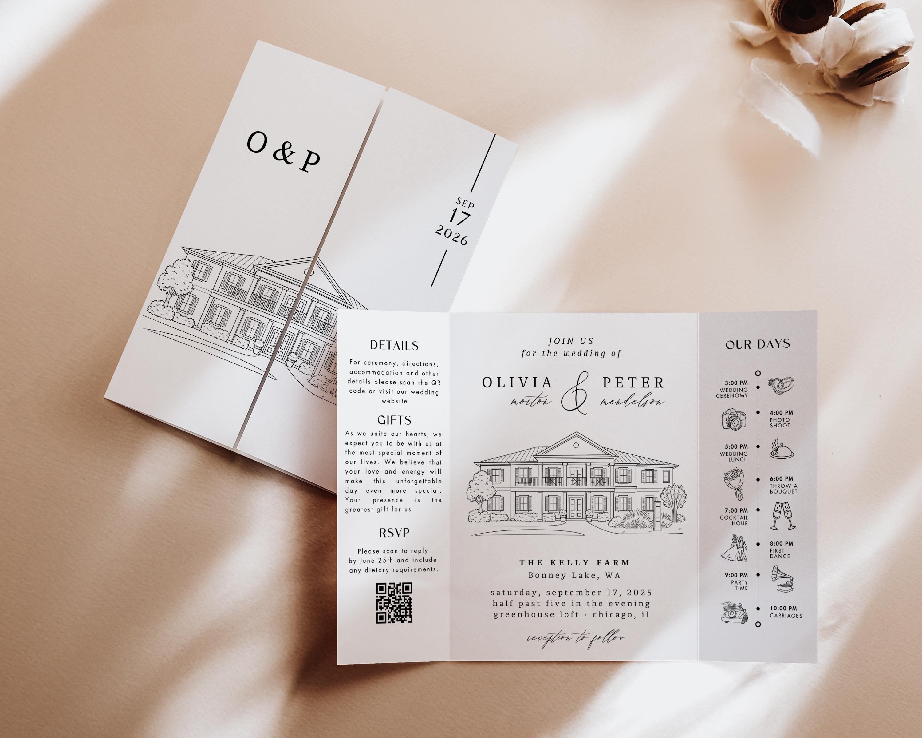 Custom Wedding Venue Illustration Invitation: Line Drawing Gatefold Template  Canva Edit)