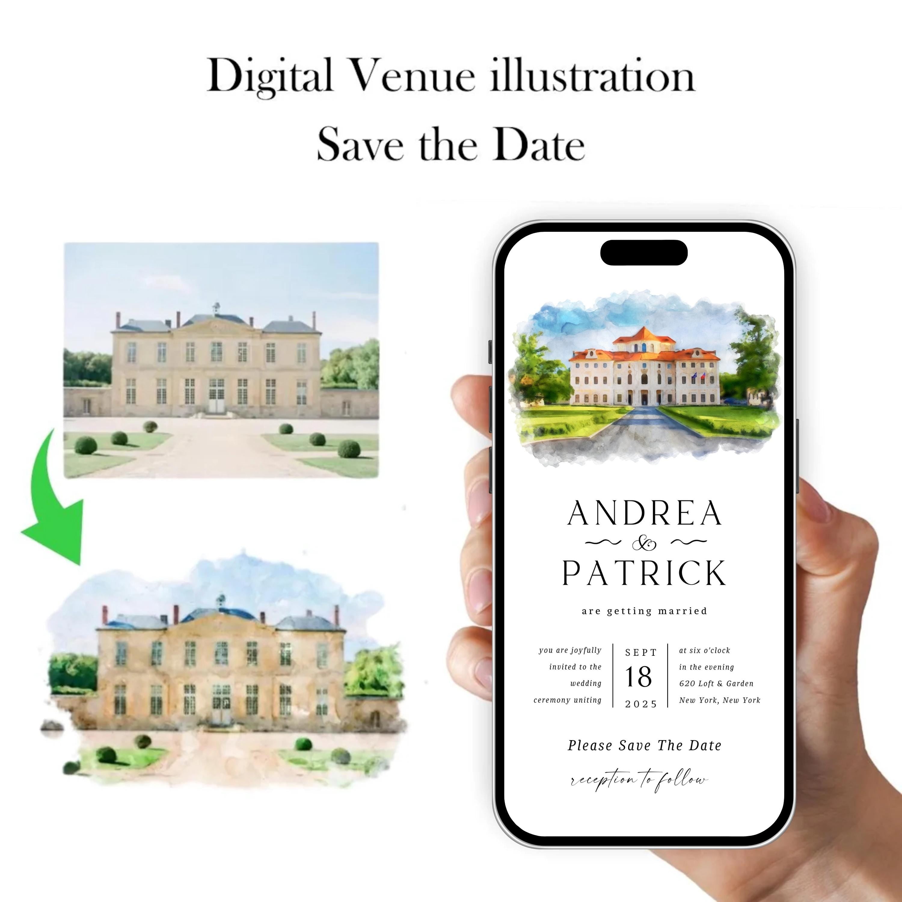 Digital Venue Sketch Save the Date: Watercolor Wedding E-vite (JPEG, PNG, PDF