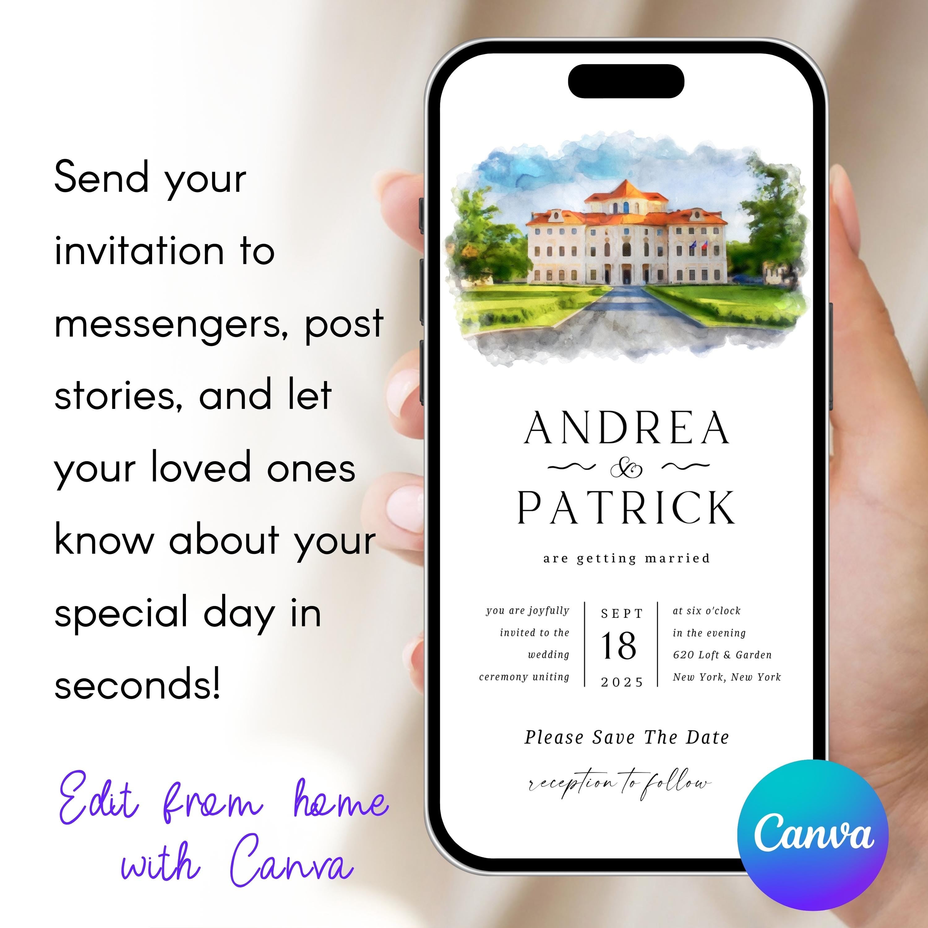 Digital Venue Sketch Save the Date: Watercolor Wedding E-vite (JPEG, PNG, PDF