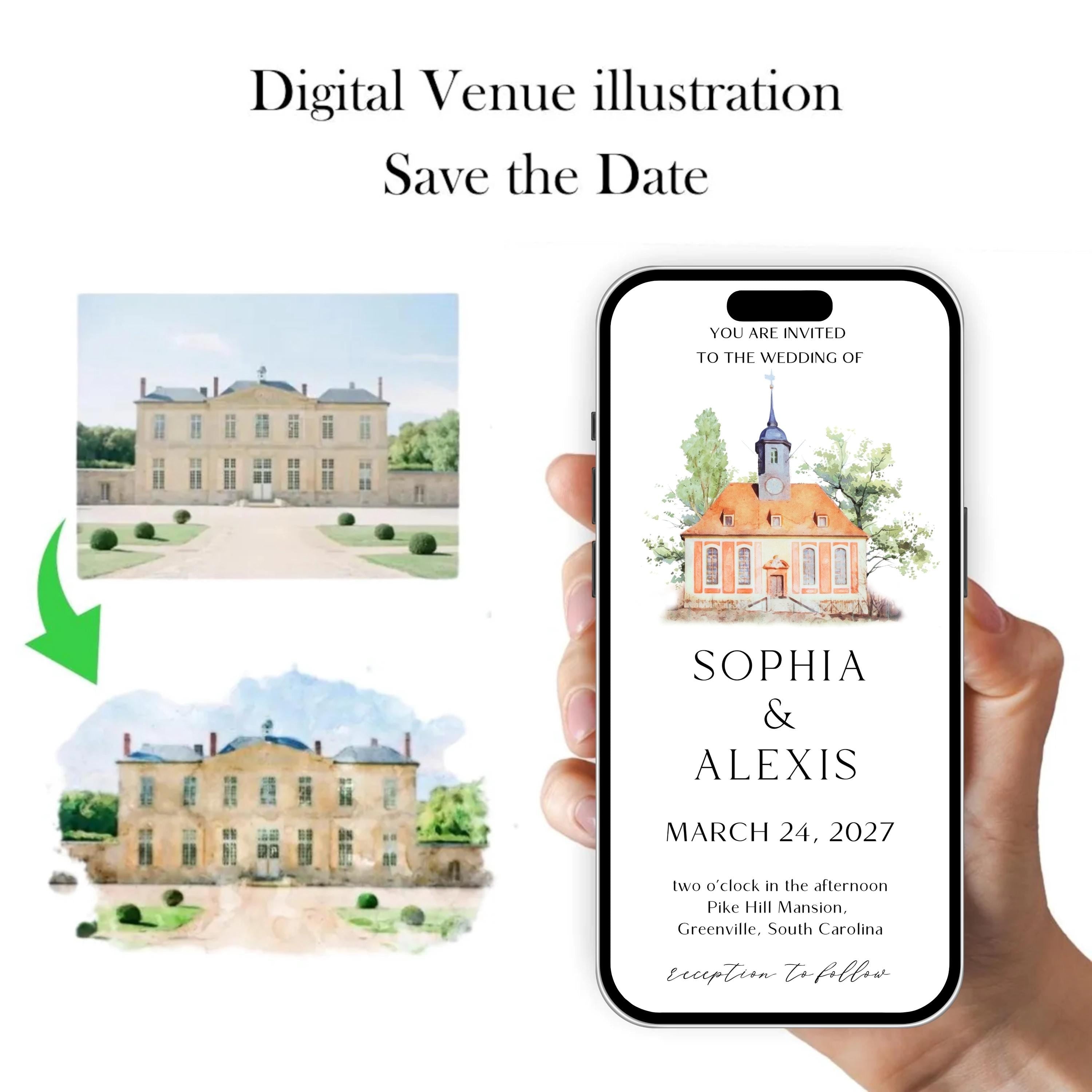 Digital Venue Sketch Save the Date: Watercolor Wedding E-vite (JPEG, PNG, PDF