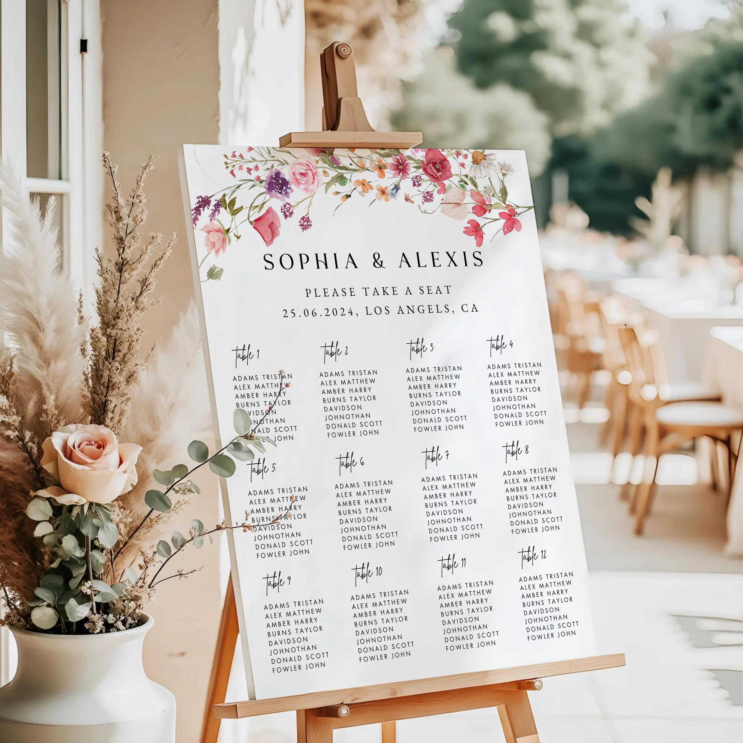 Flowers Wedding Seating Chart Template: Editable Alphabetical Sign (Digital Download)