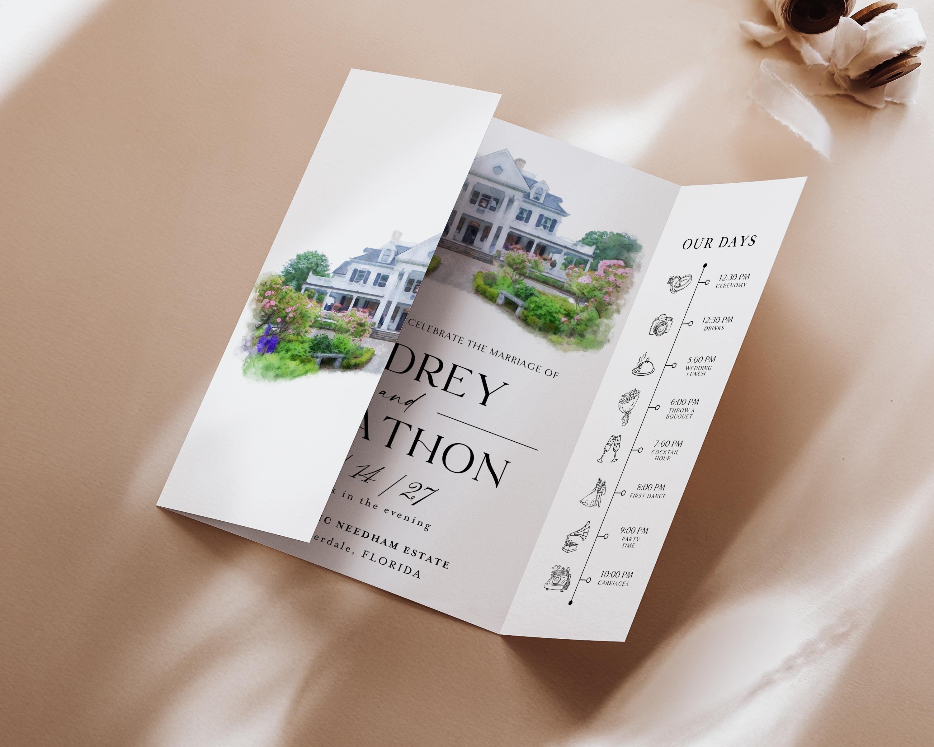 Custom Watercolor Venue Wedding Invitation, Editable Canva Gatefold Invite Template