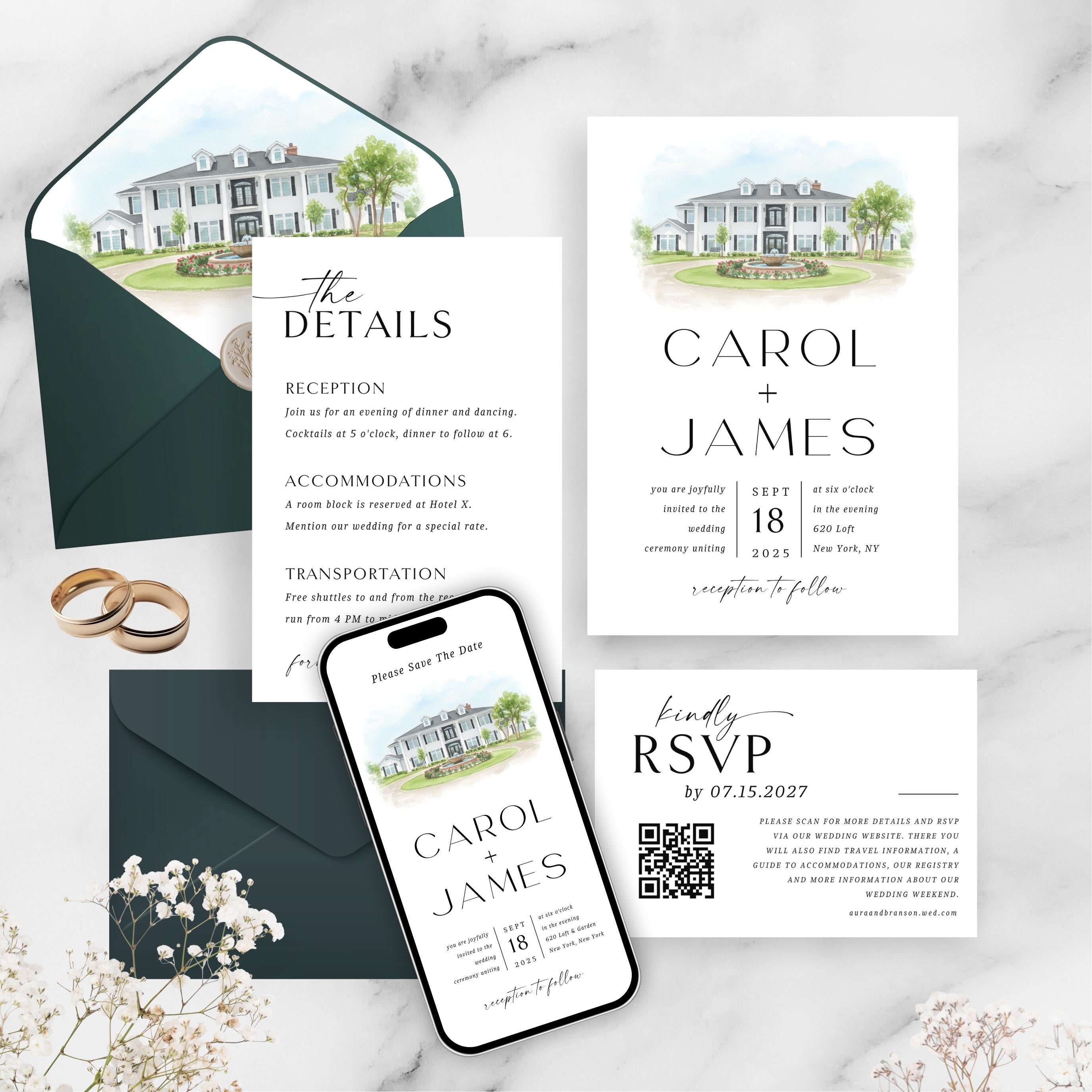 Custom Watercolor Venue Wedding Invitation Suite | Modern Invite set | Editable Canva Template