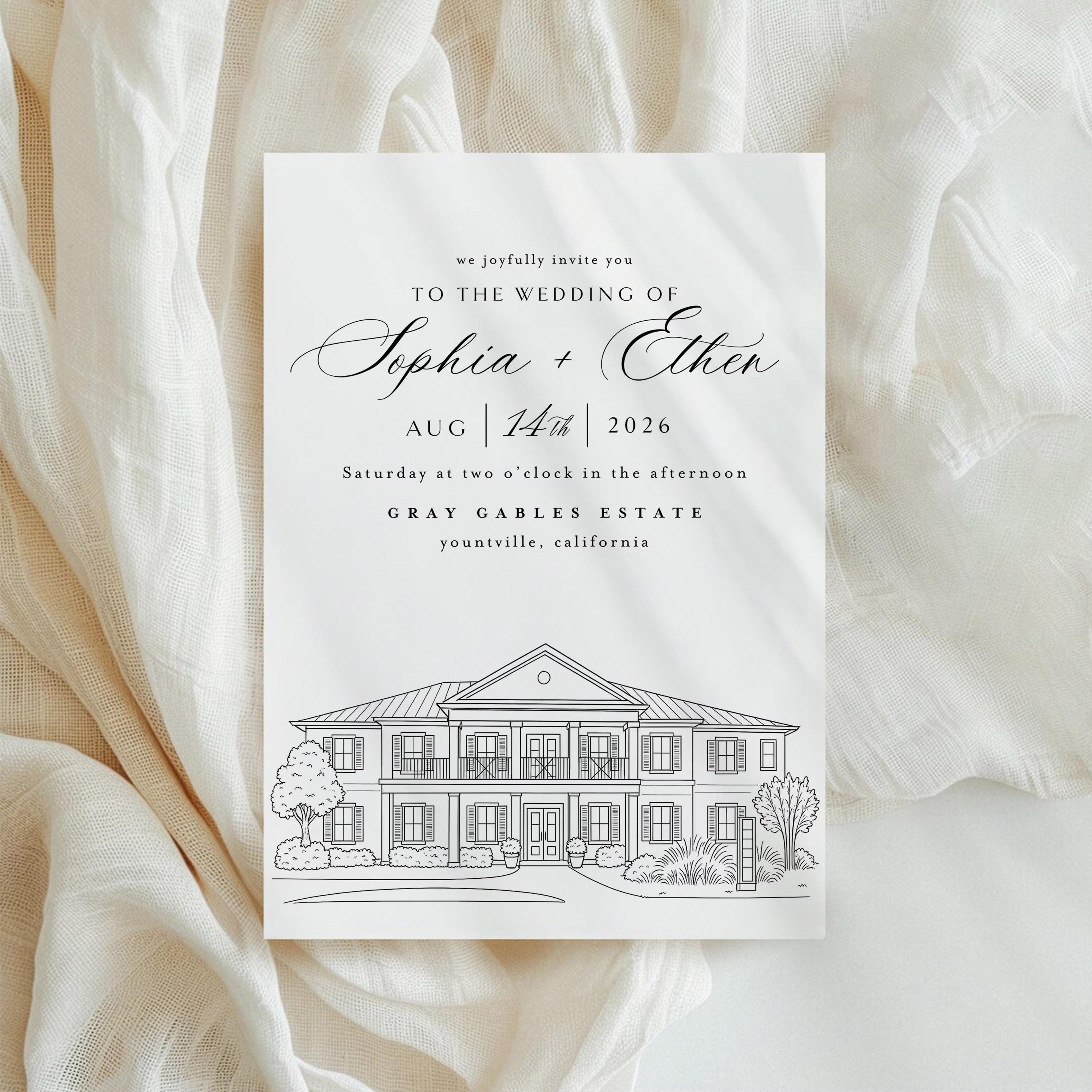 Venue Illustration Wedding Invitation: Editable Template (Canva)