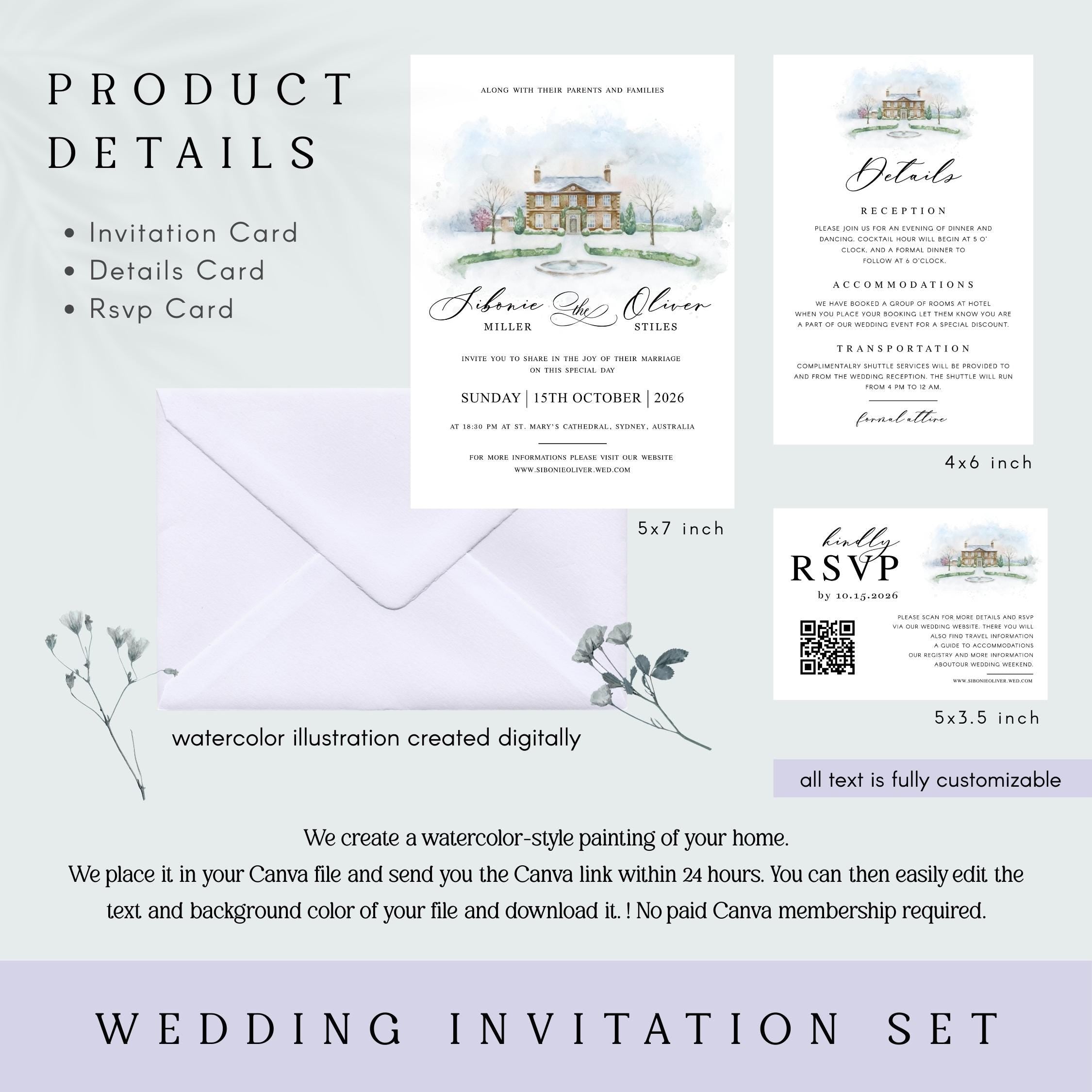 Modern Venue Sketch Wedding Invitation Suite | Custom Line Art invite | Editable Canva Template | Illustration Invite set