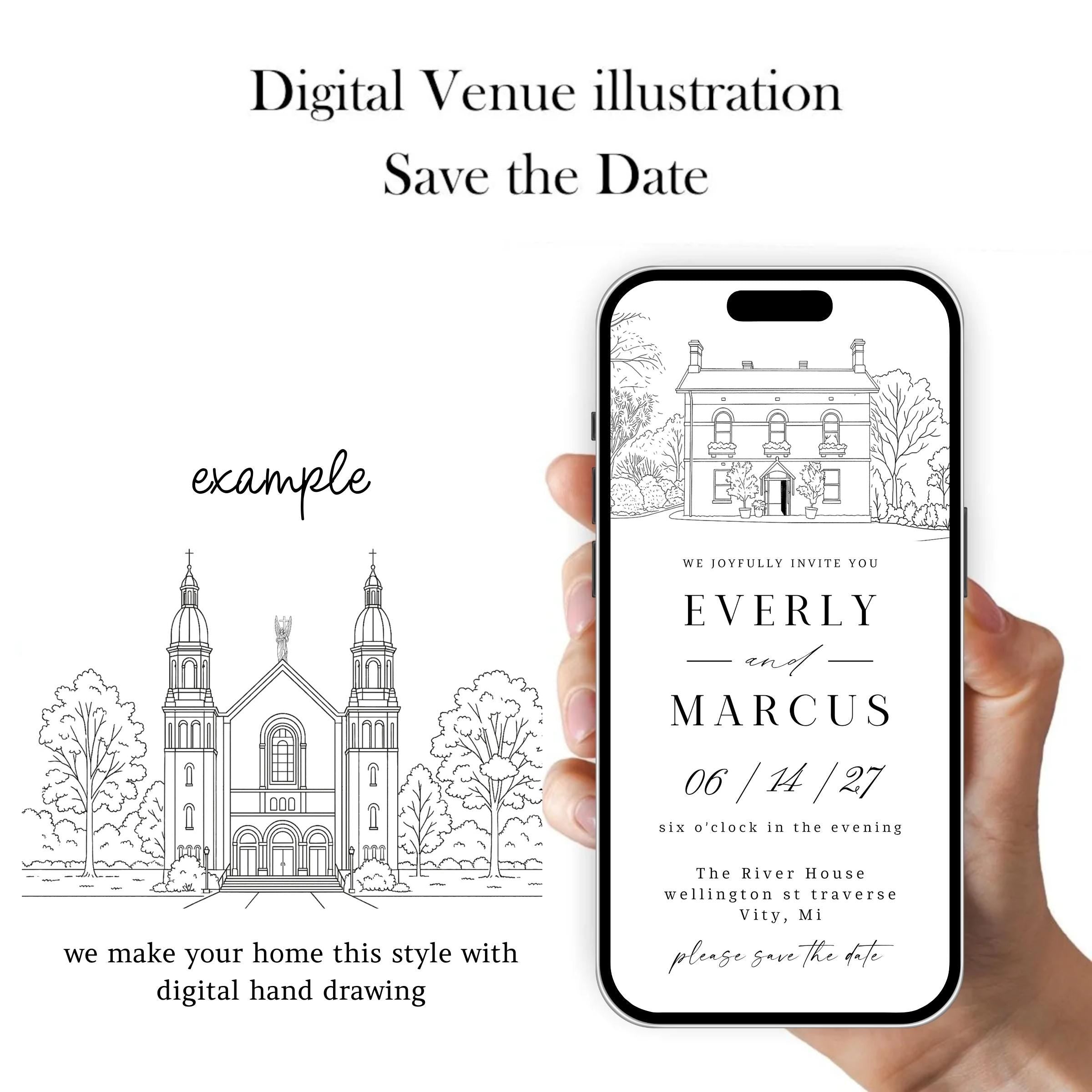 Venue Sketch Wedding Invitation Suite, Digital Wedding Phone Invite, Custom electronic venue E-vite, Editable Canva Template