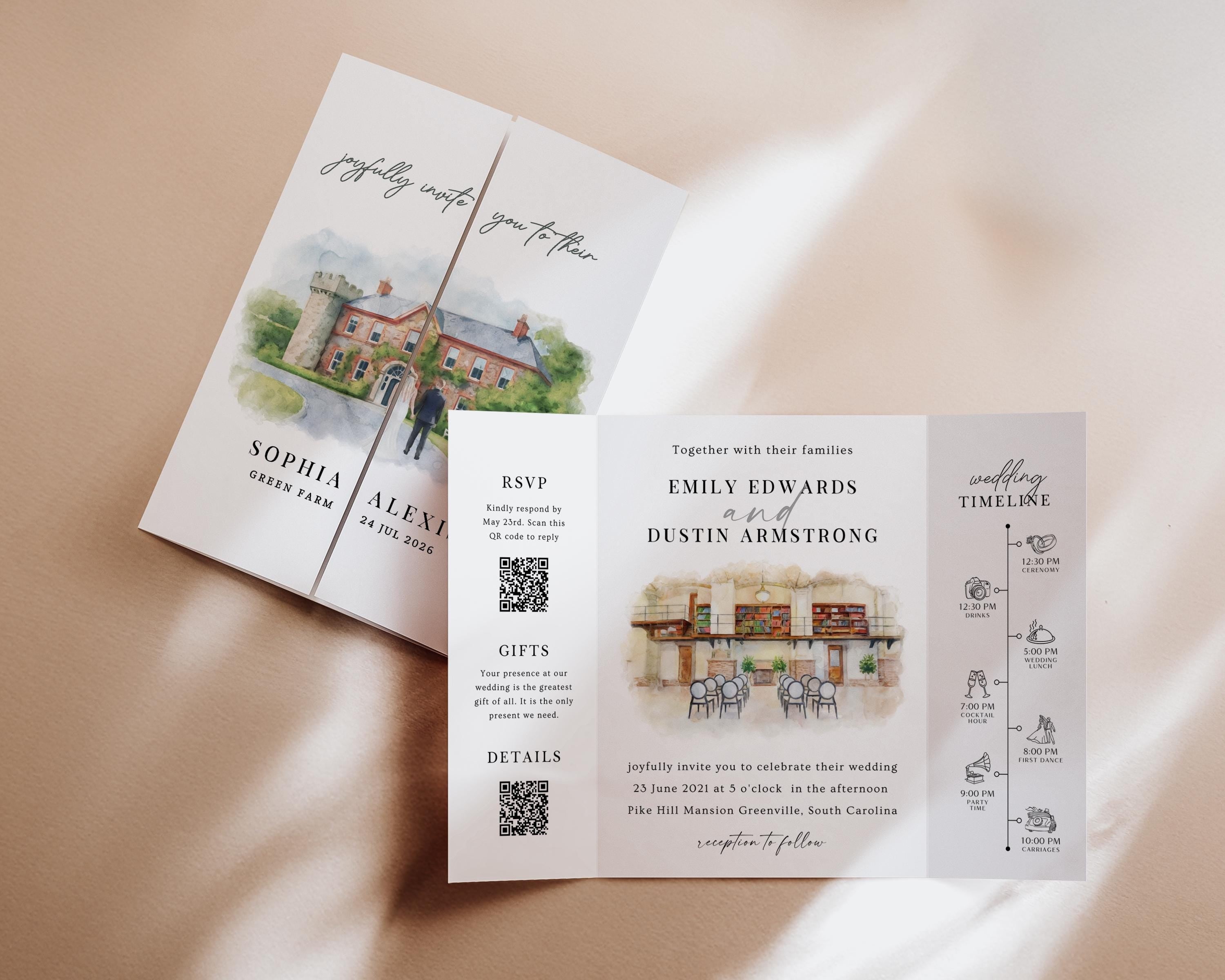 Personalized Watercolor Venue Wedding Invitation | Editable Canva Custom Gatefold Invite | Modern Wedding Template