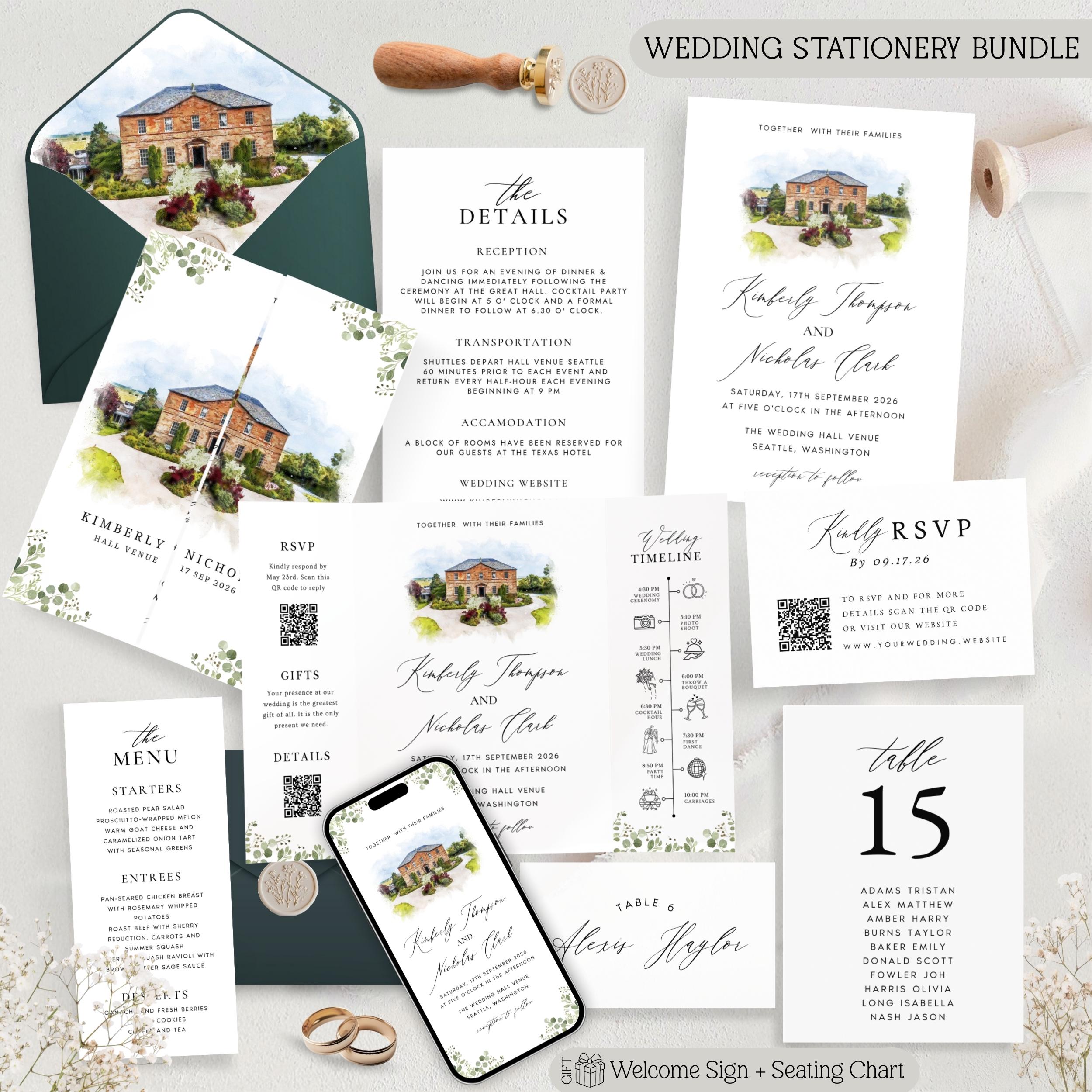 Custom Watercolor Venue Wedding Invitation | Printable Wedding Stationery Bundle | Editable Canva Template