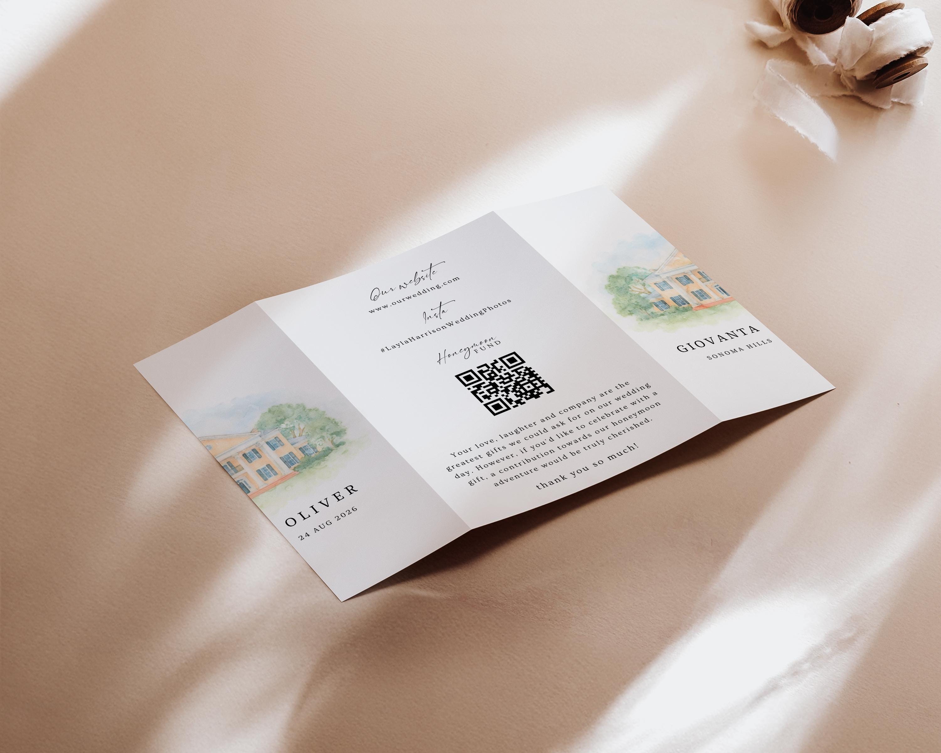 Watercolor Venue Wedding Invitation, Editable Gatefold Canva Template, Custom Invite