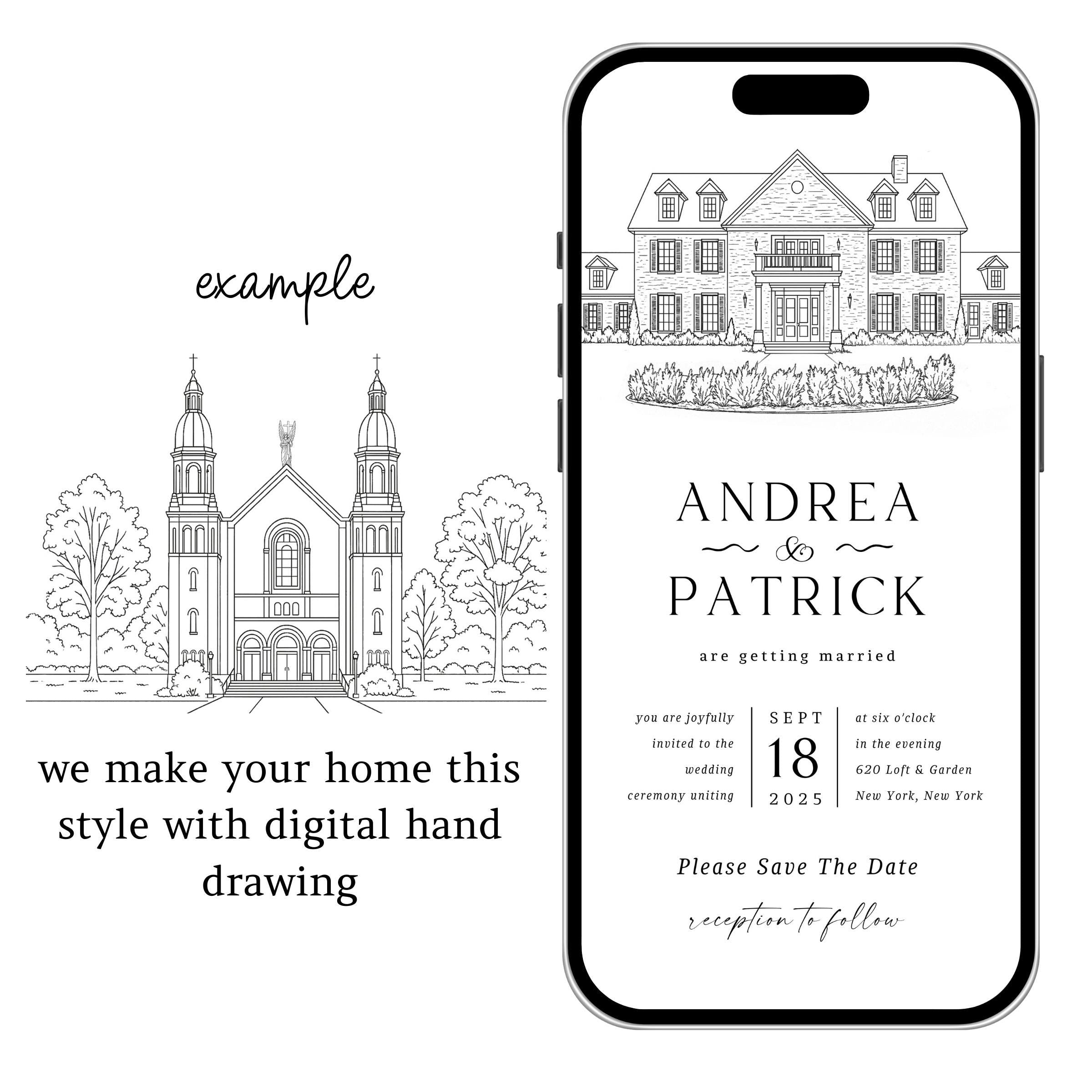 Digital Venue Sketch Save the Date: Personalized E-vite (JPEG, PNG, PDF