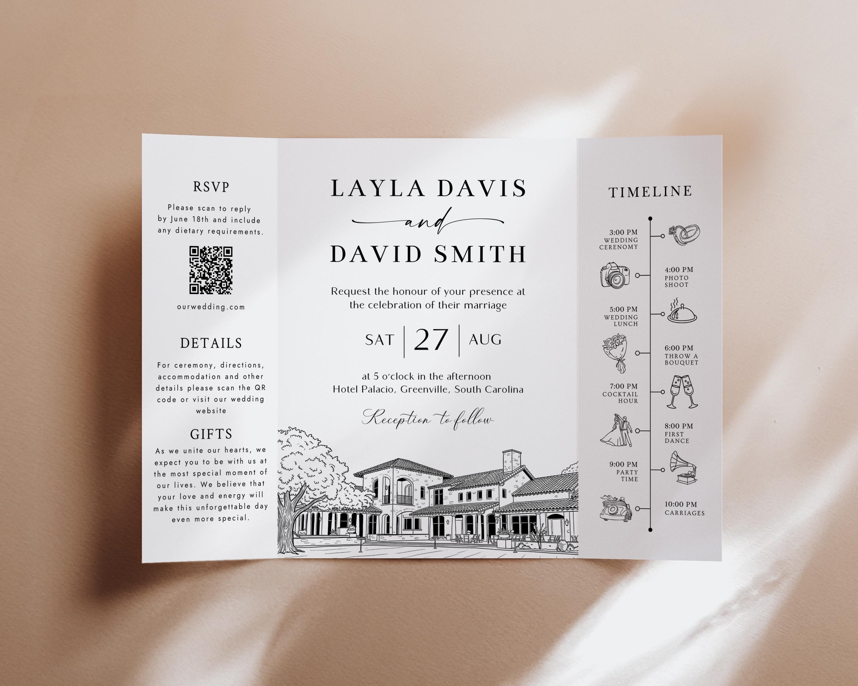 Wedding Venue Sketch Gatefold Invitation | Fully Editable Invitation Canva Template | Illustration