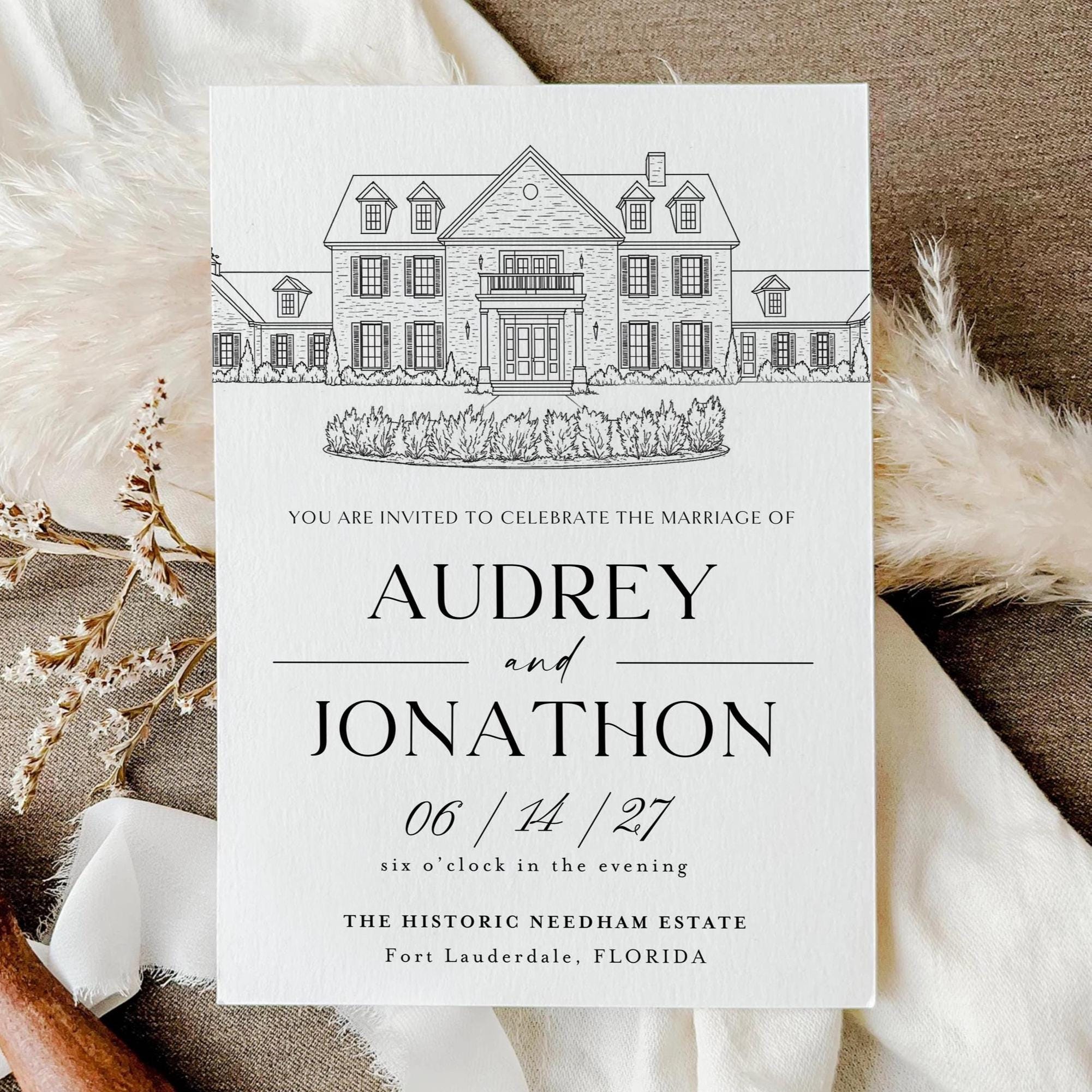 Wedding Venue Line Art Invitation: Custom Venue Sketch (Canva Template, Digital Download)