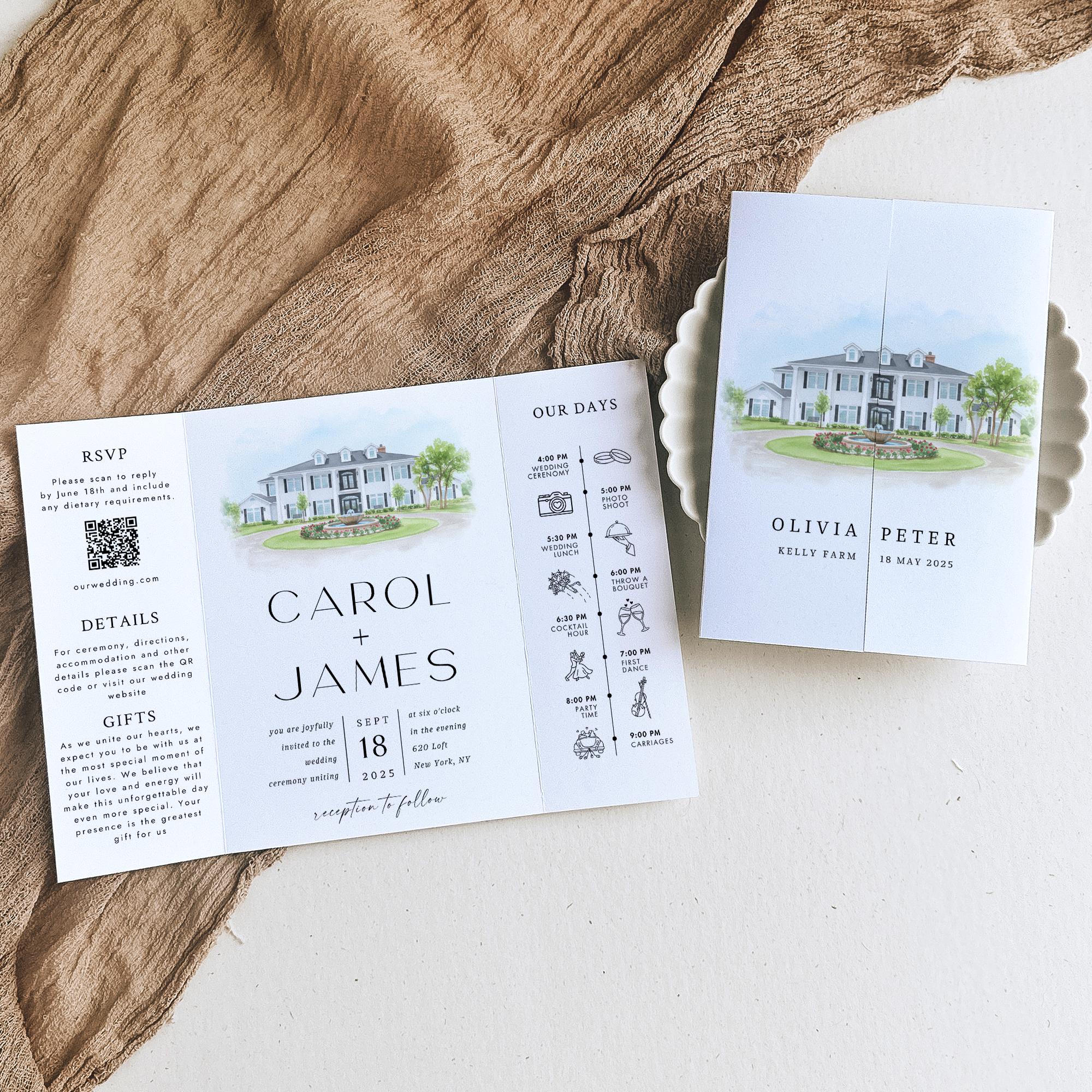 Custom Watercolor Venue Wedding Invitation | Editable Canva Gatefold Invite | Modern Wedding Template