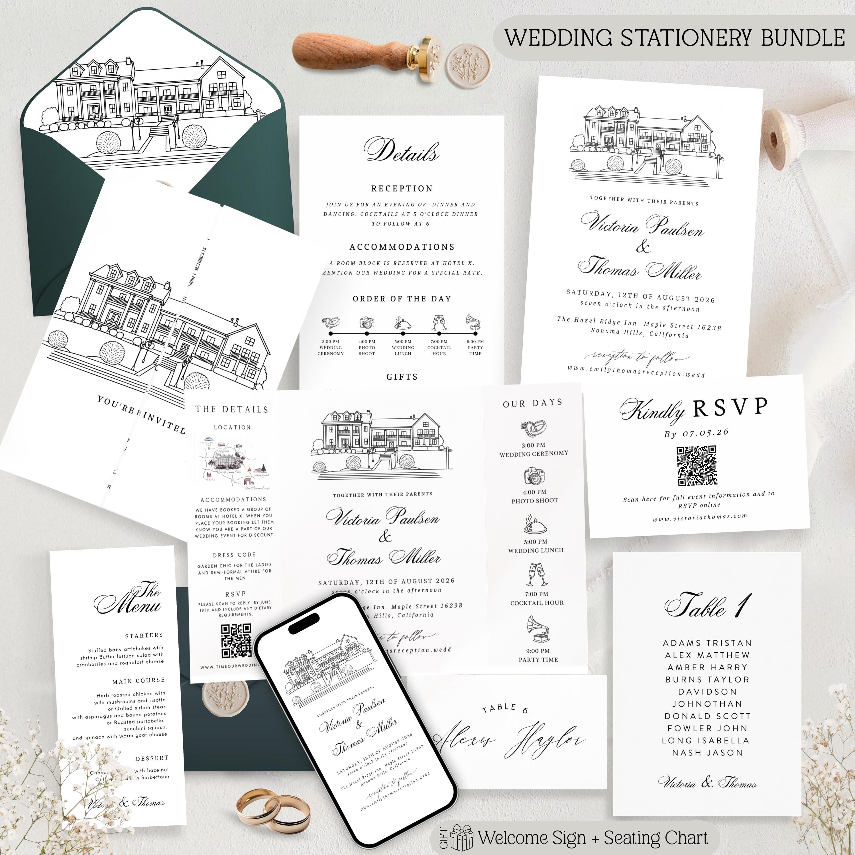 Custom Venue Lineart Invitation Suite | Editable Modern Wedding Invite Canva Template, Wedding Stationery Bundle