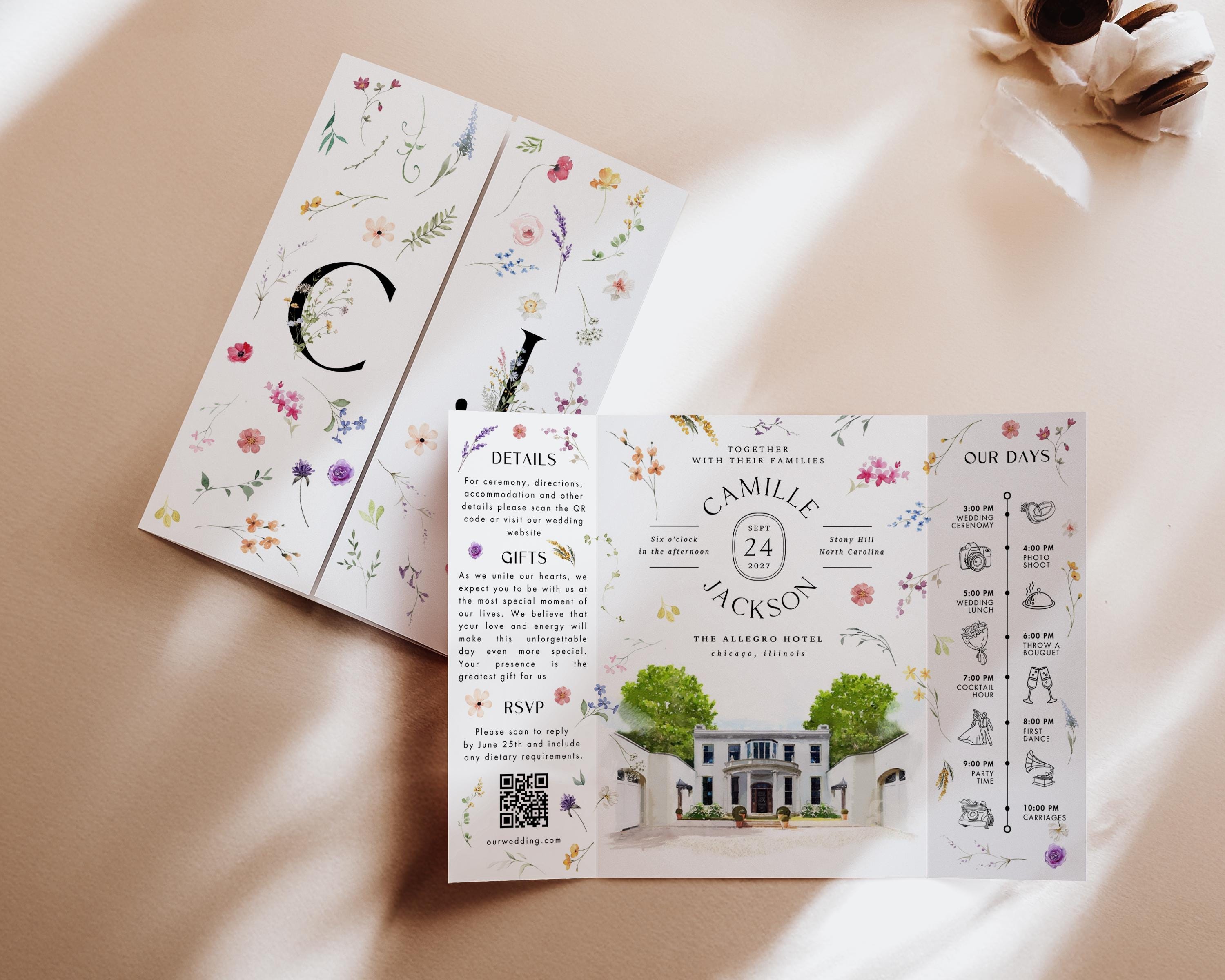 Modern Watercolor Venue Wedding Invitation, Gatefold Canva Template, Custom Editable Invite