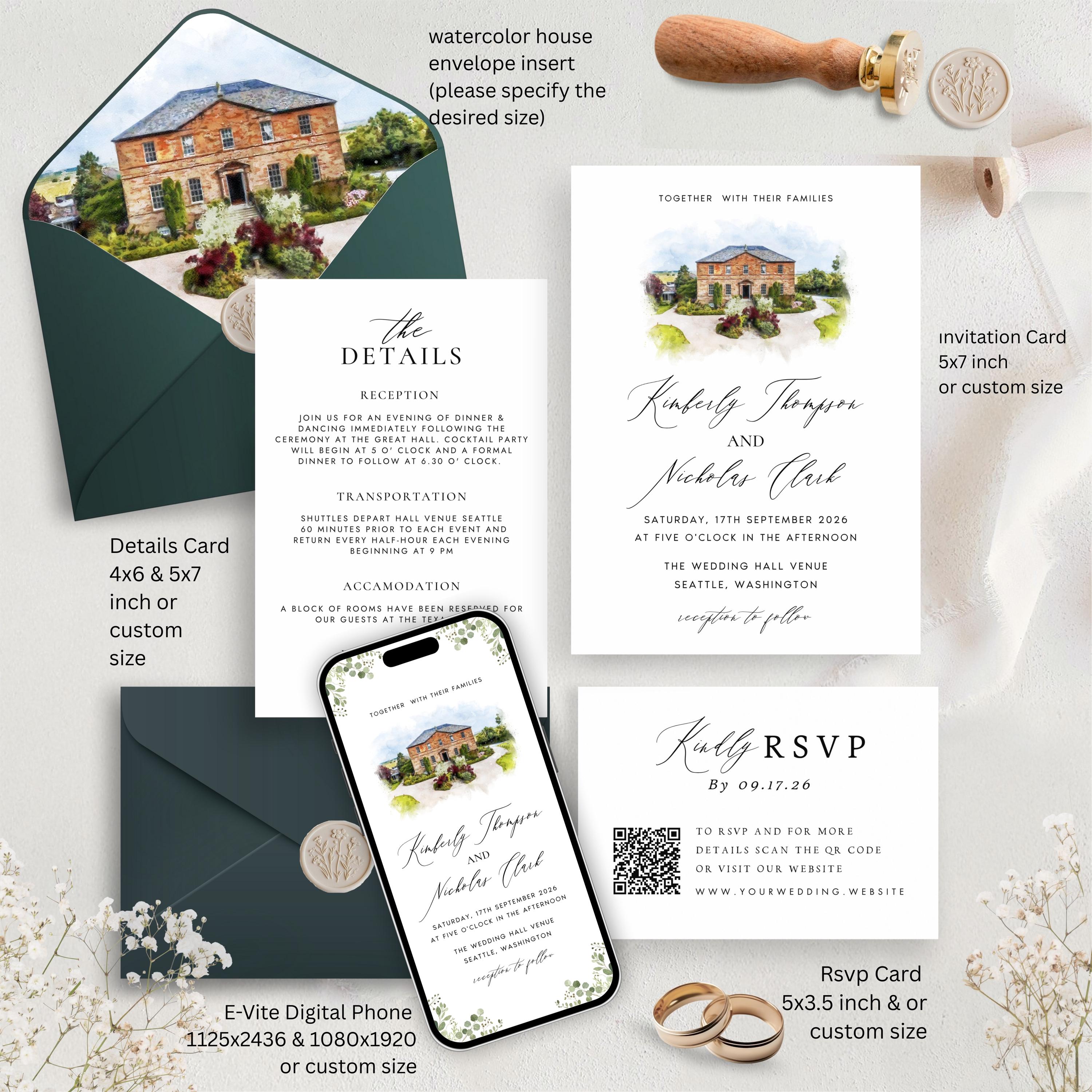 Custom Watercolor Venue Wedding Invitation set | Editable Canva Invite Template | Modern Wedding Illustration
