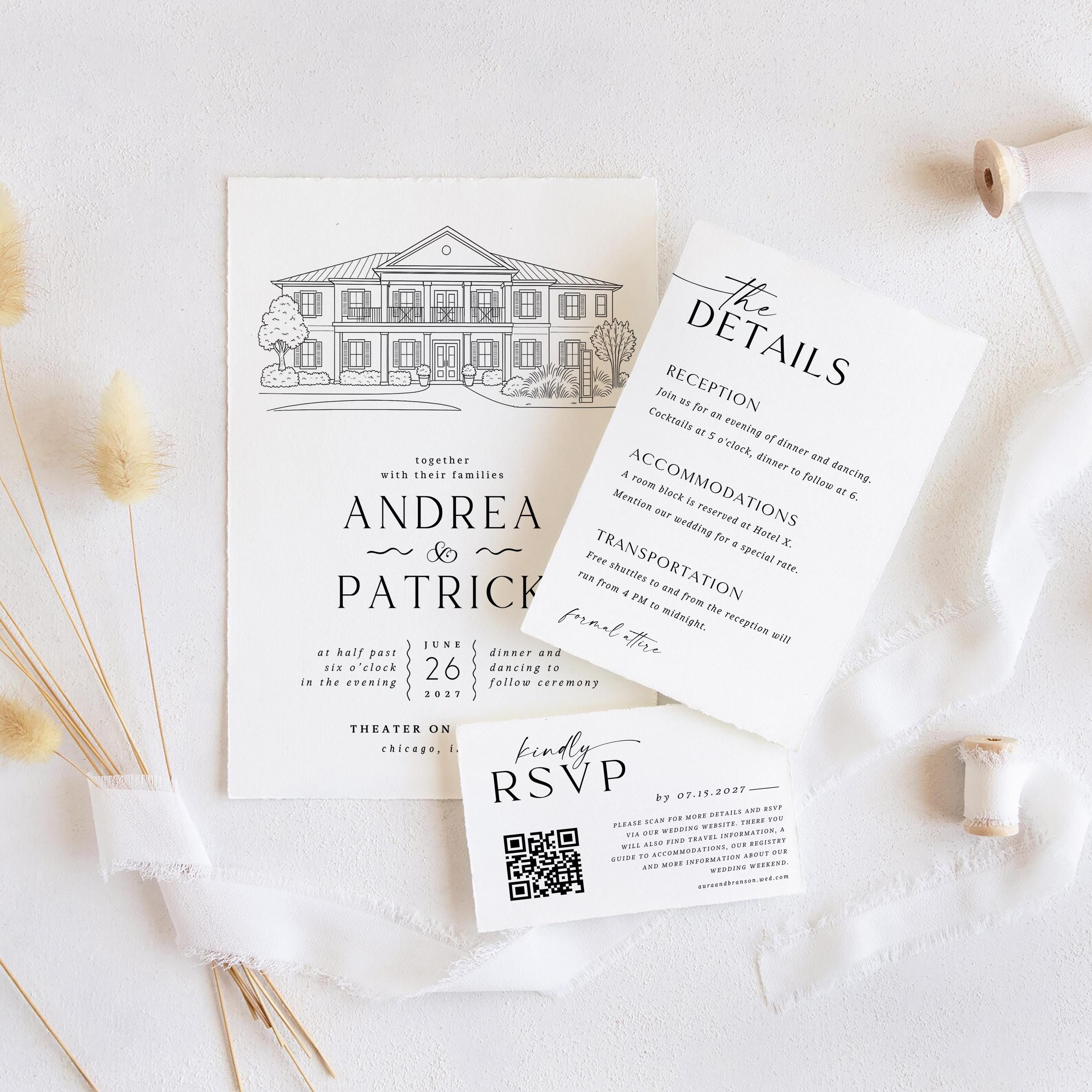 Custom Wedding Venue Line Art Invitation: DIY Canva Template  (Digital Download)