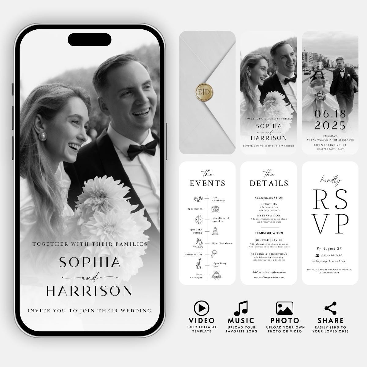 Animated Wedding Invitation Template: Minimalist Video Invite (Canva Editable)