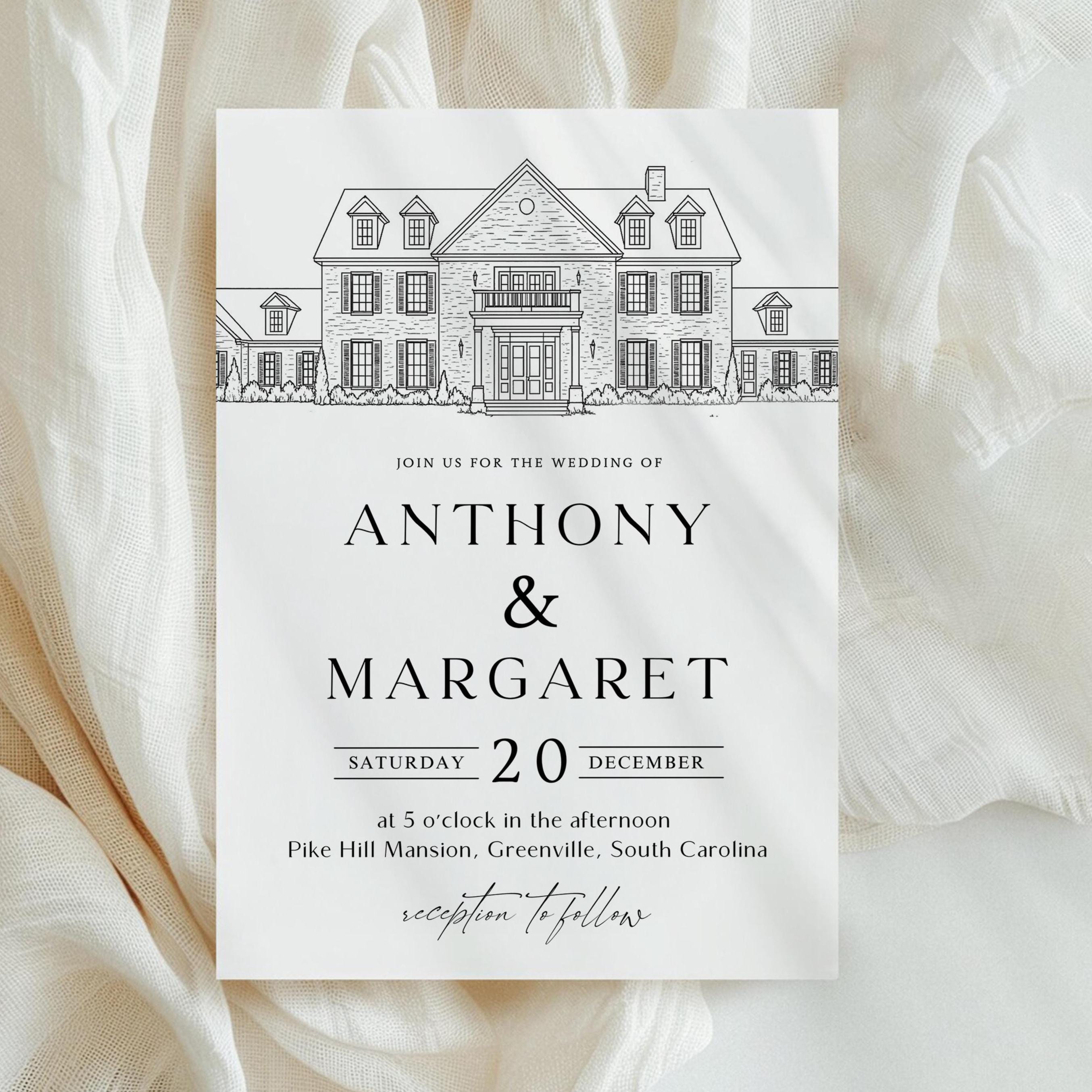 Wedding Venue Line Art Invitation: Custom Venue Sketch (Canva Template, Digital Download)