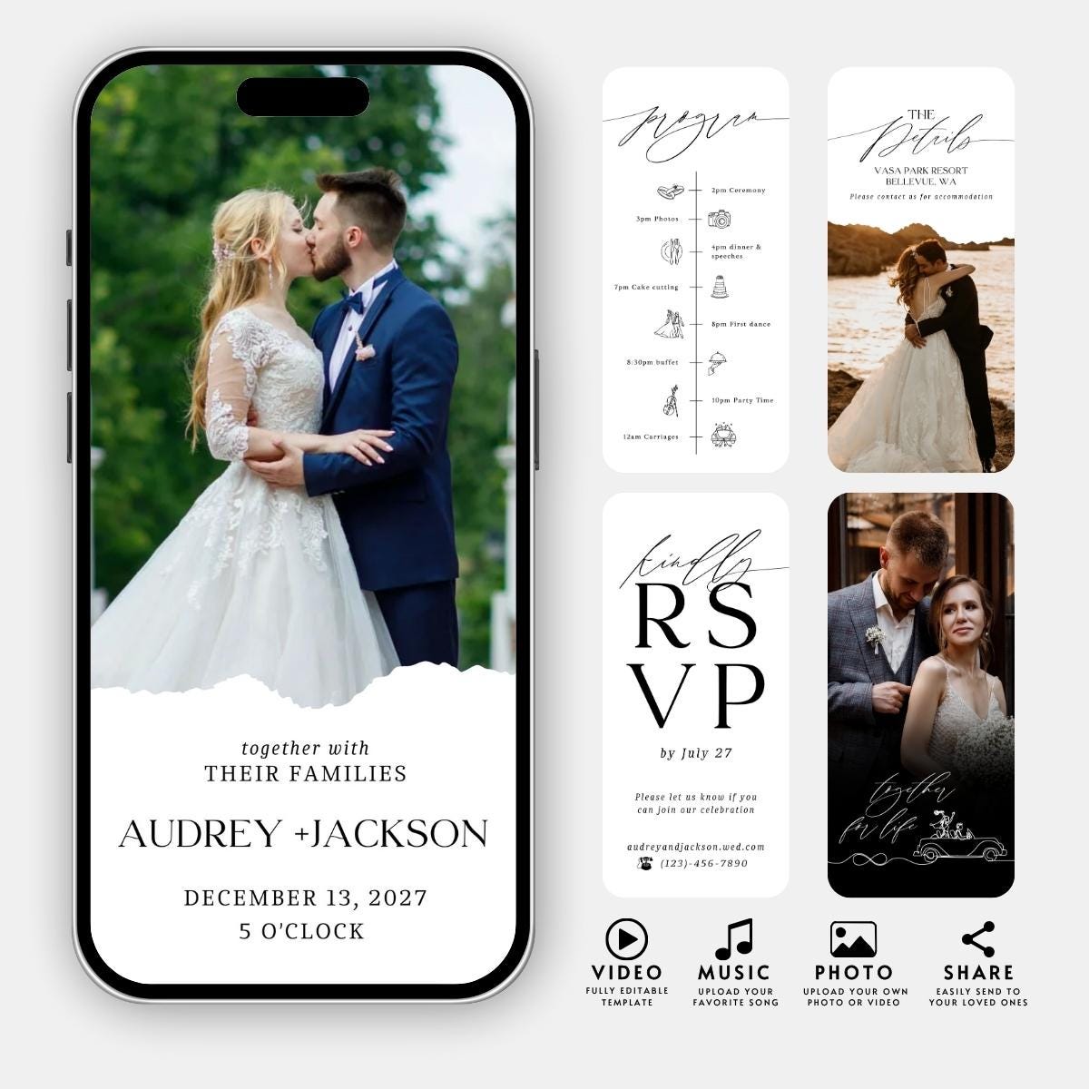 Minimalist Wedding Video Invitation: Animated Photo Template (Canva Editable)