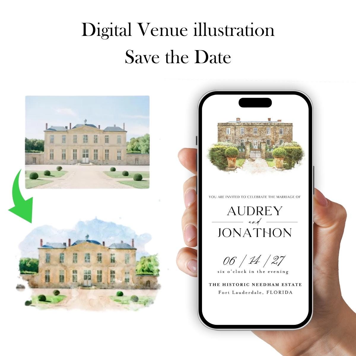 Digital Venue Sketch Save the Date: Watercolor Wedding Invitation (E-vite)