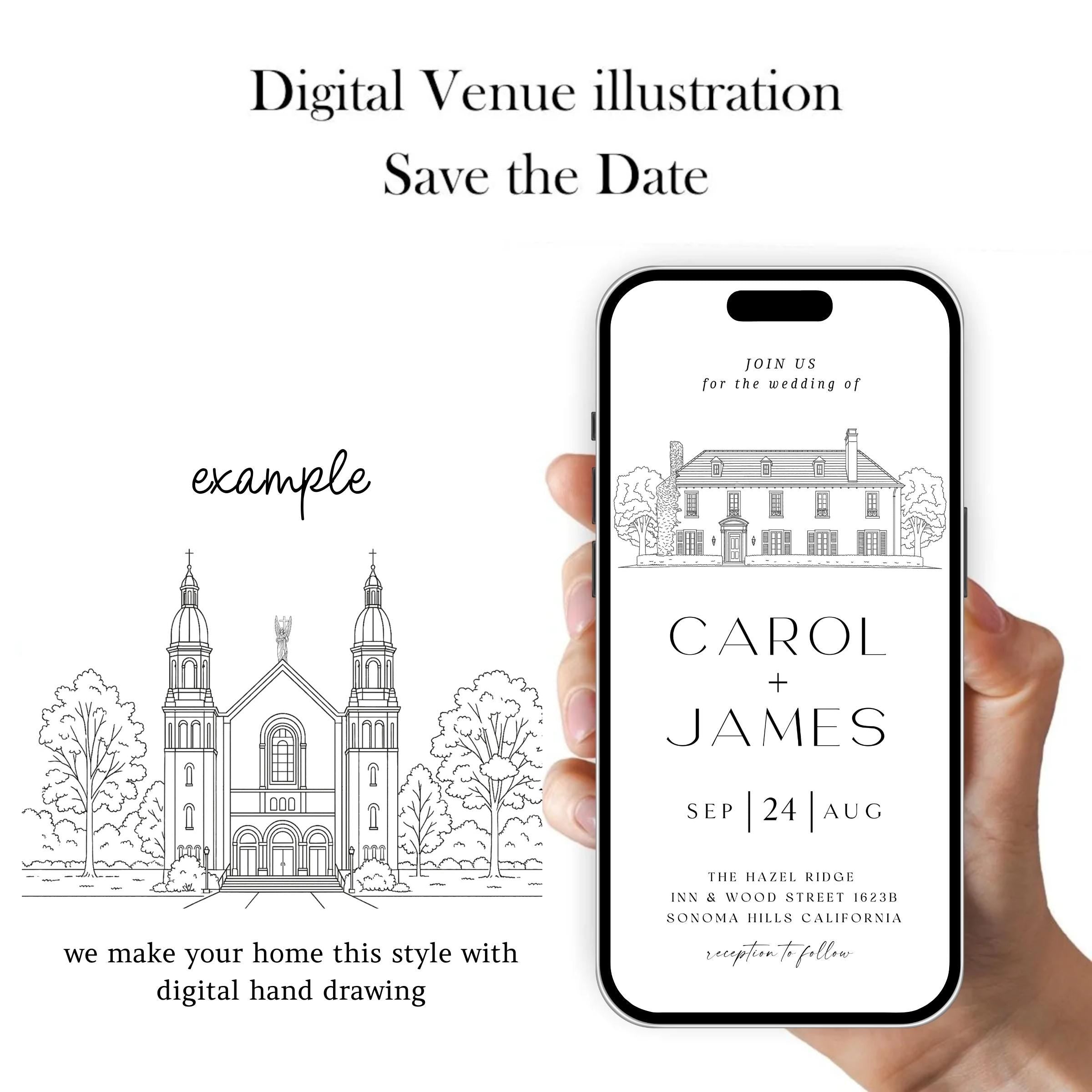Digital Venue Sketch Save the Date: Personalized E-vite (JPEG, PNG, PDF