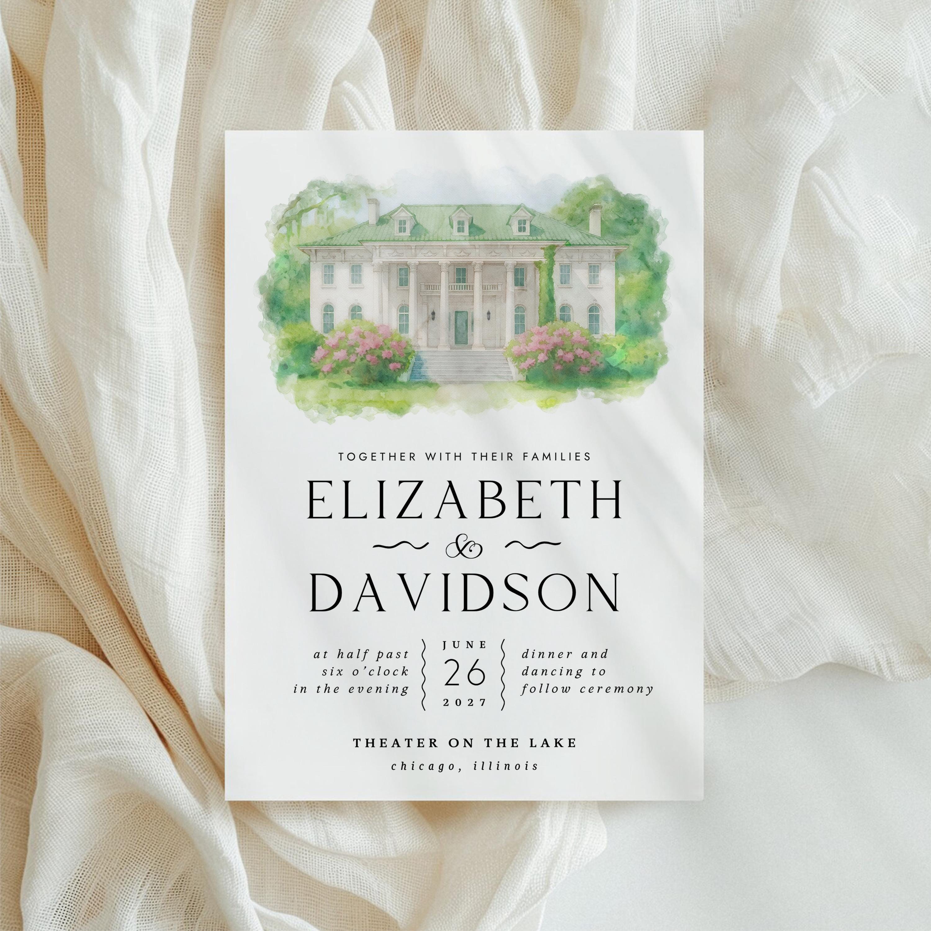 Watercolor Venue Wedding Invitation Template: DIY Printable with RSVP