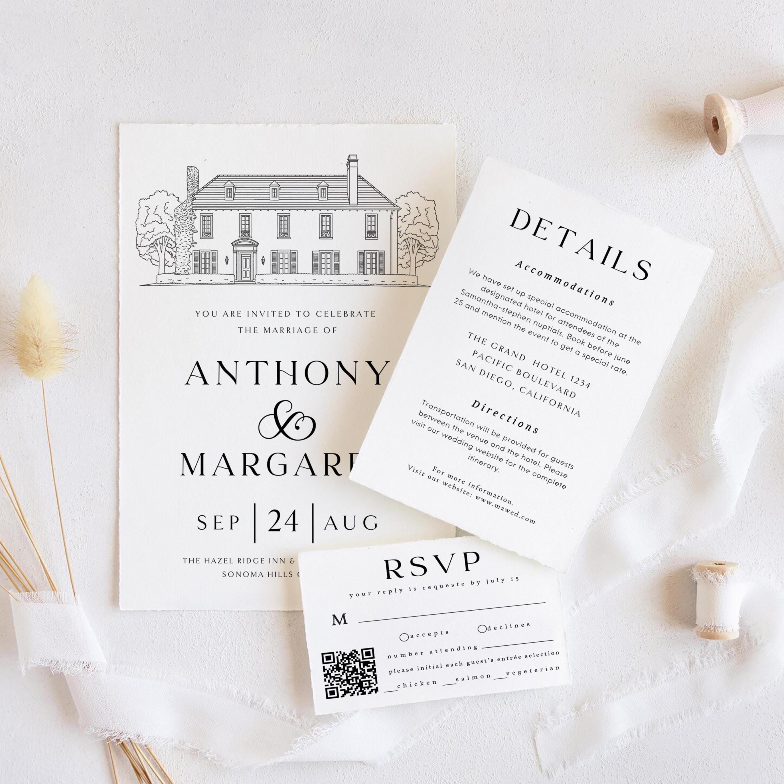 Custom Venue Line Art Wedding Invitation Template (DIY Canva Edit, Digital Download)