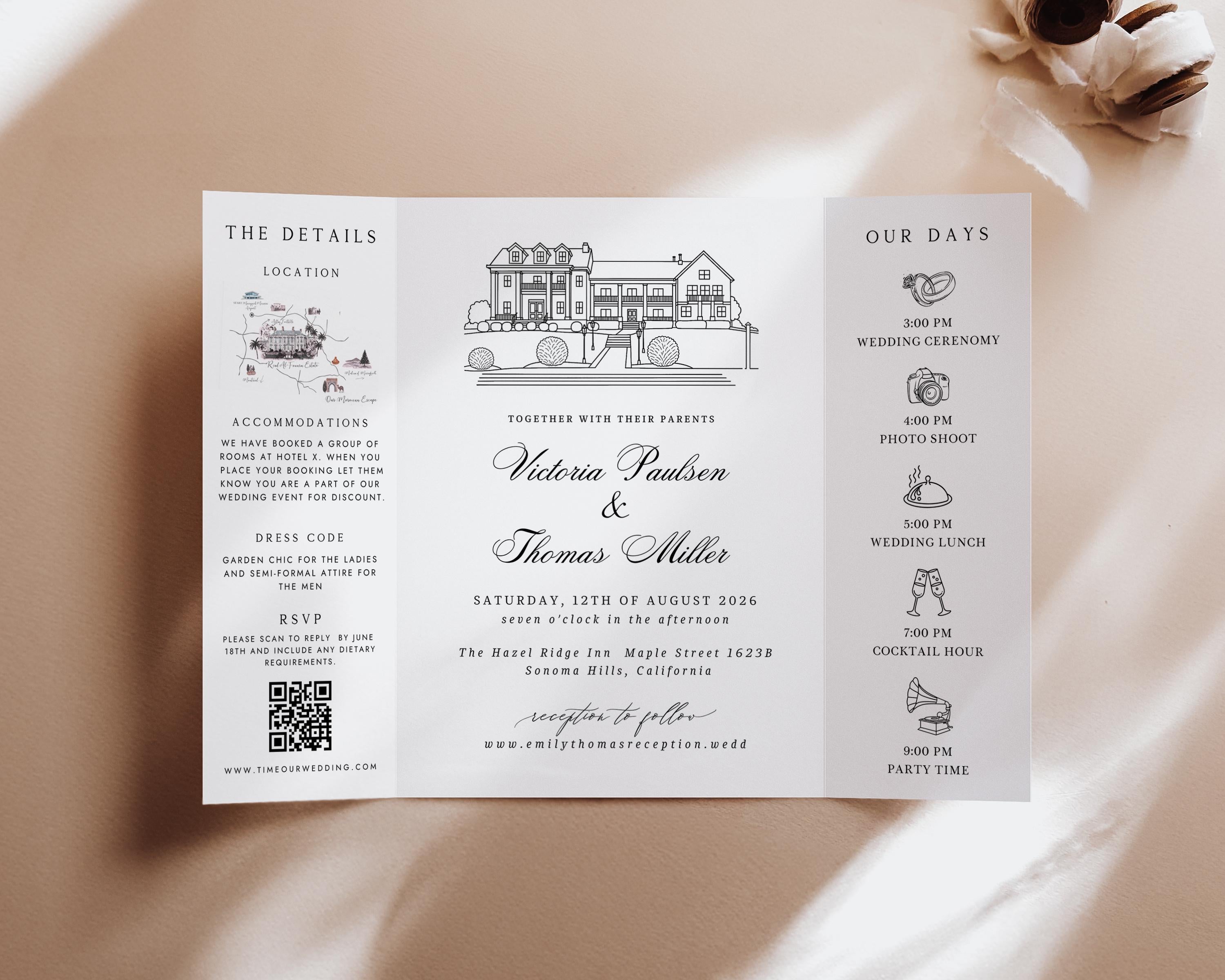 Custom Sketch Venue Gatefold Invitation | Editable Canva Lineart Gatefold Invite | Modern Wedding Template