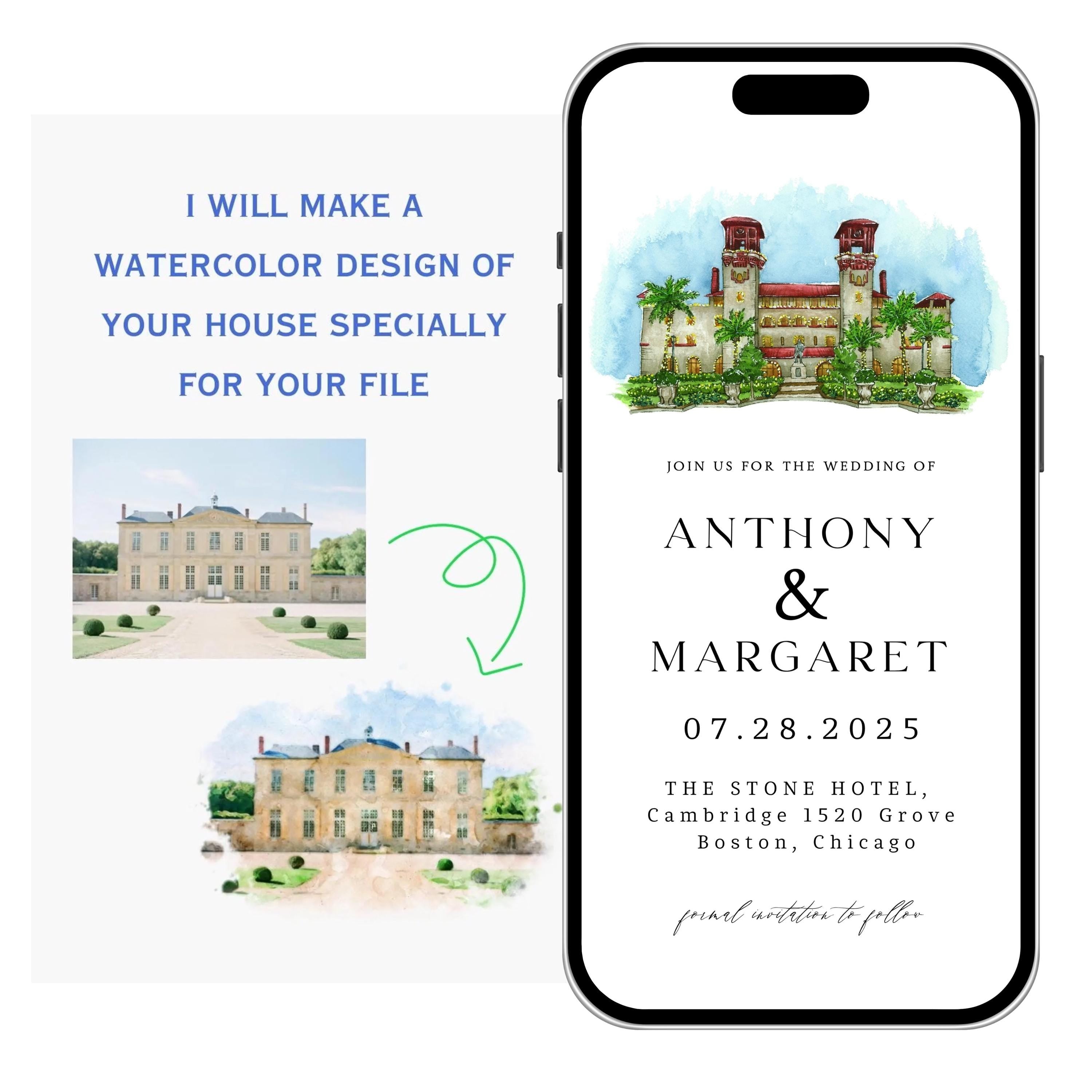 Digital Venue Sketch Save the Date: Watercolor Wedding E-vite (JPEG, PNG, PDF