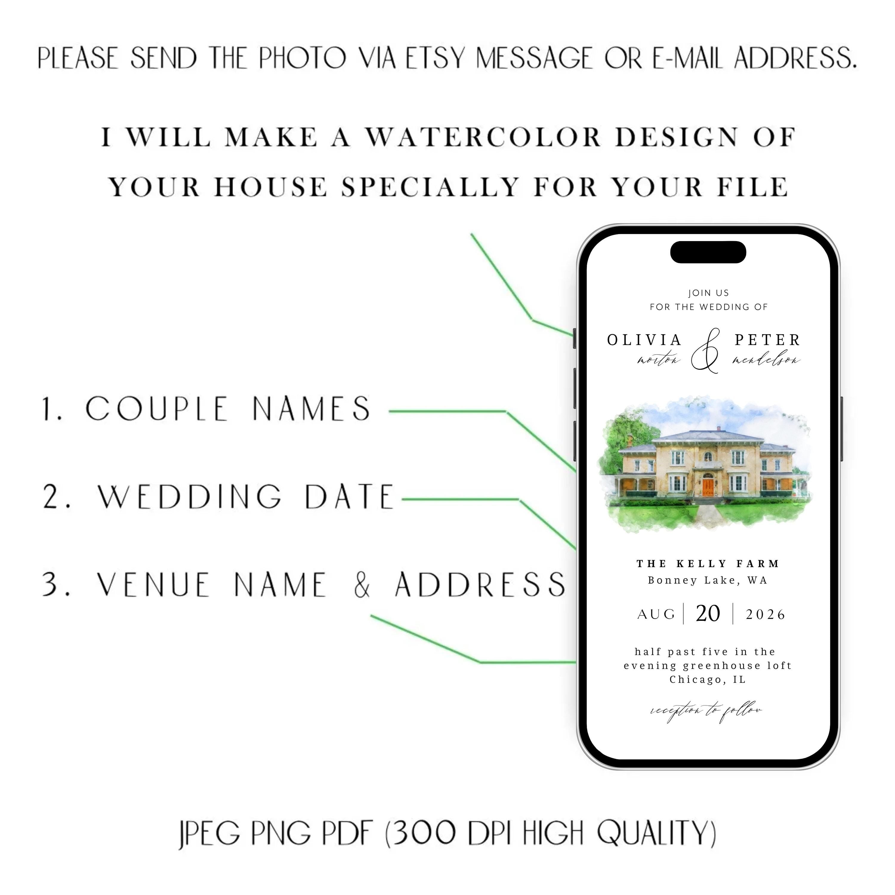 Digital Venue Sketch Save the Date: Watercolor Wedding E-vite (JPEG, PNG, PDF