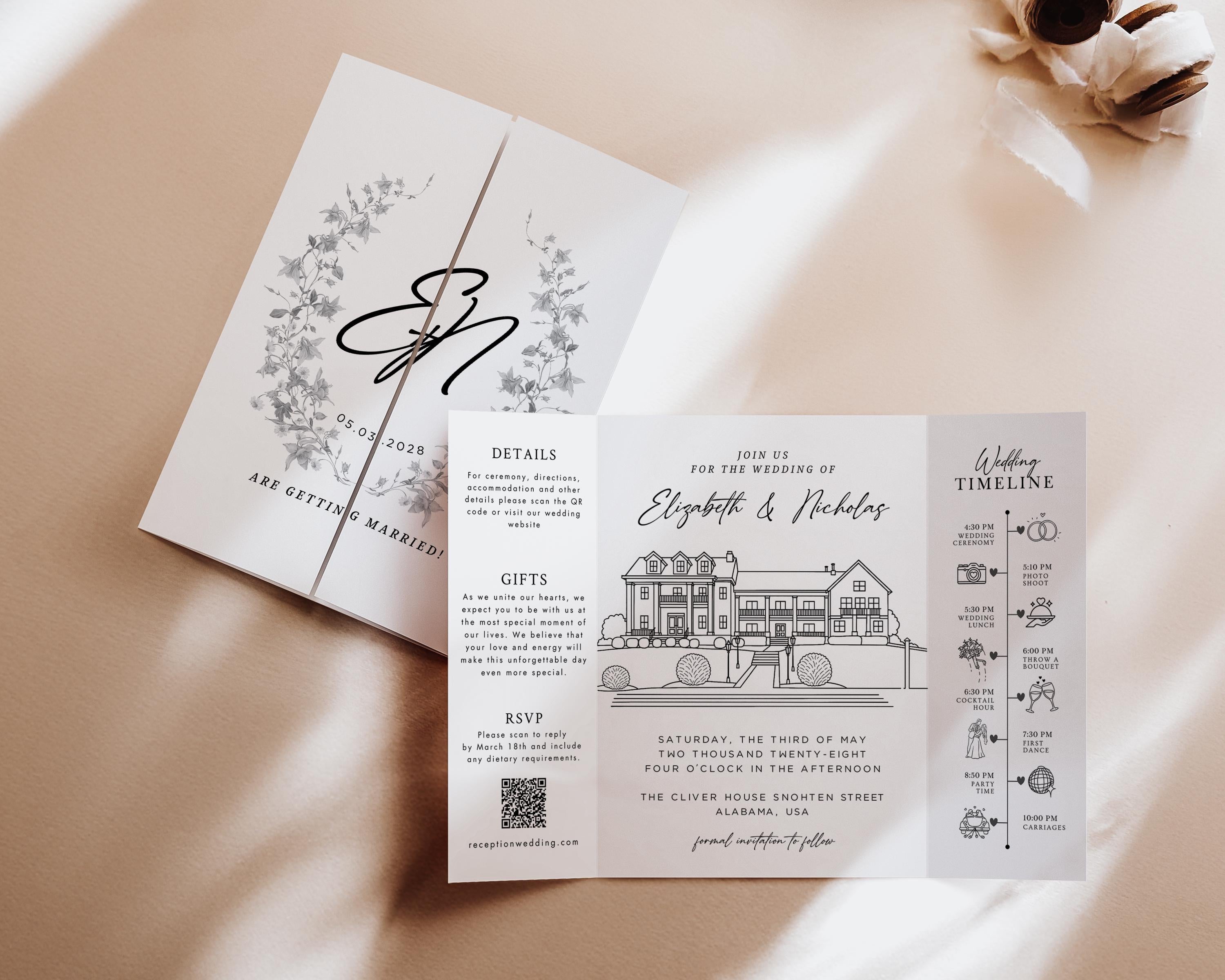 Custom Wedding Venue Lineart Invitation Bundle | Modern Wedding Sketch Illustration Invite | Editable Canva Template