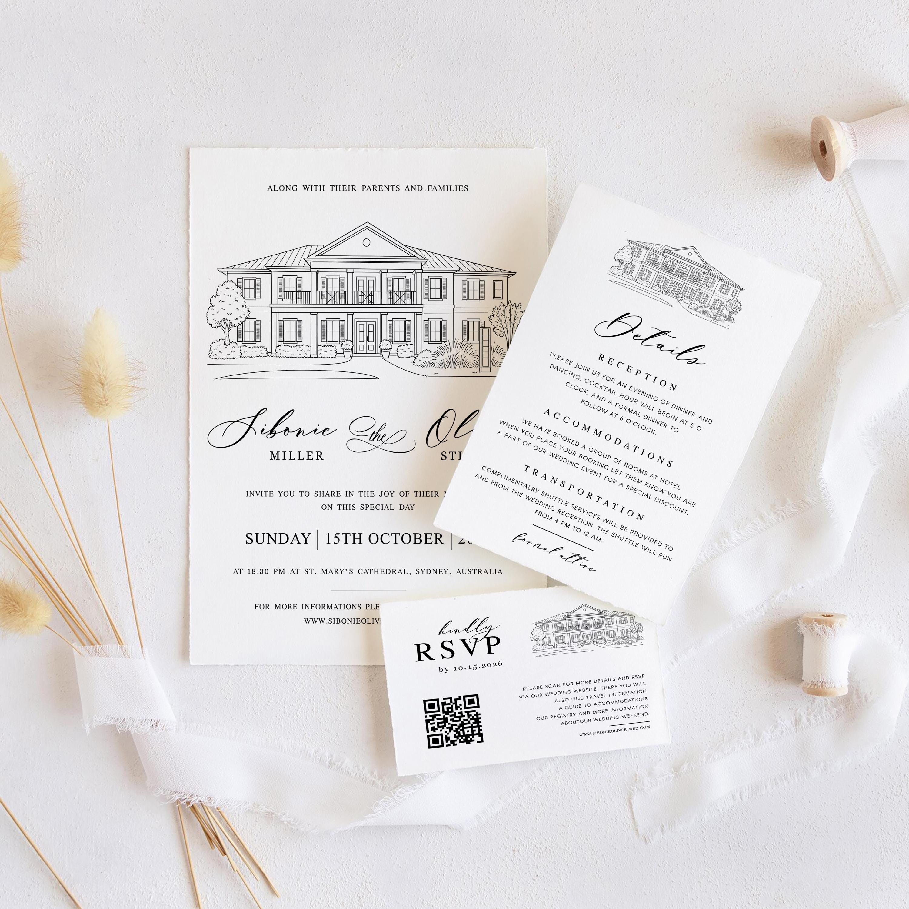 Modern Venue Sketch Wedding Invitation Suite | Custom Line Art invite | Editable Canva Template | Illustration Invite set
