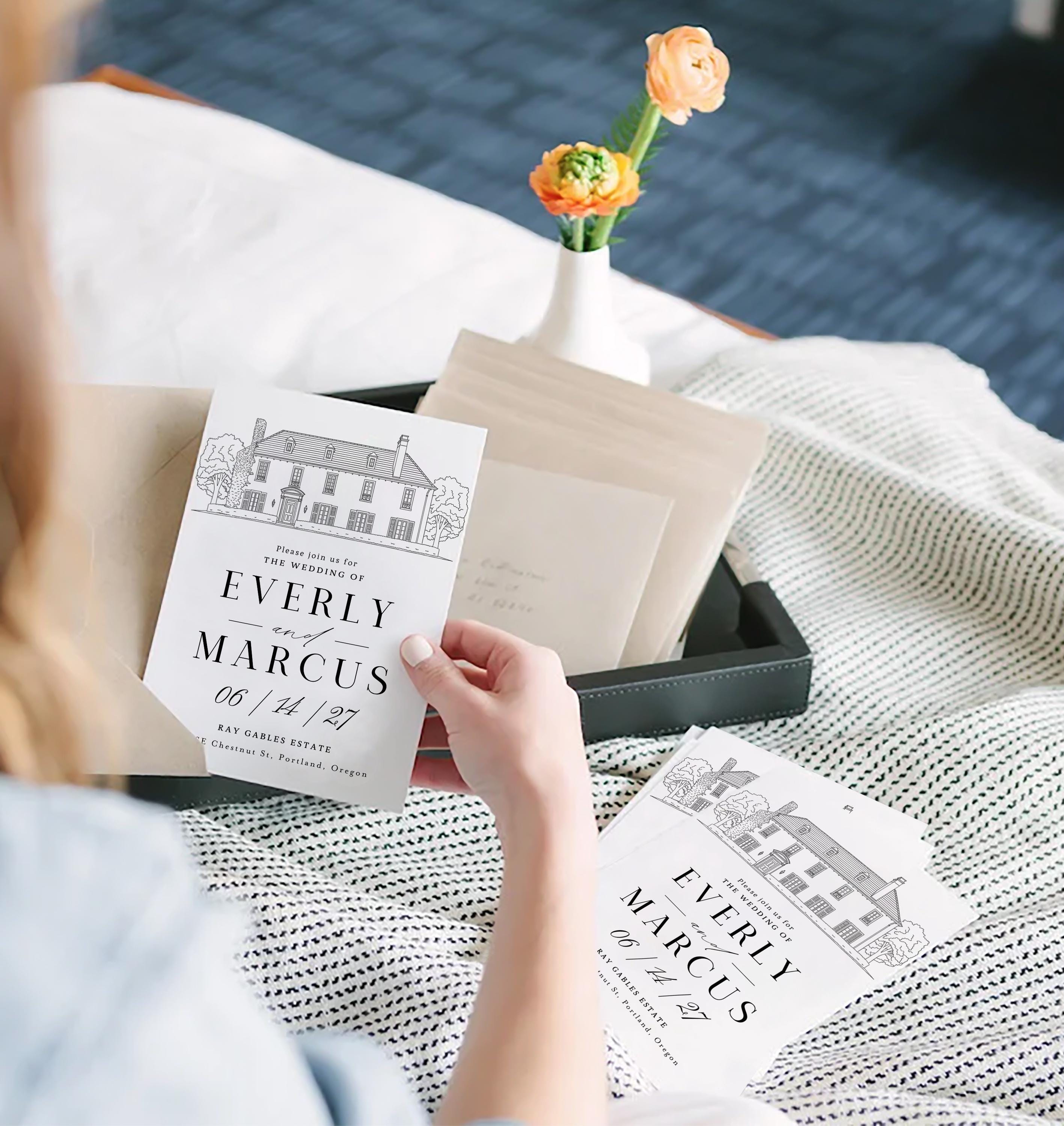 Wedding Venue Line Art Invitation: Custom Venue Sketch (Canva Template, Digital Download)