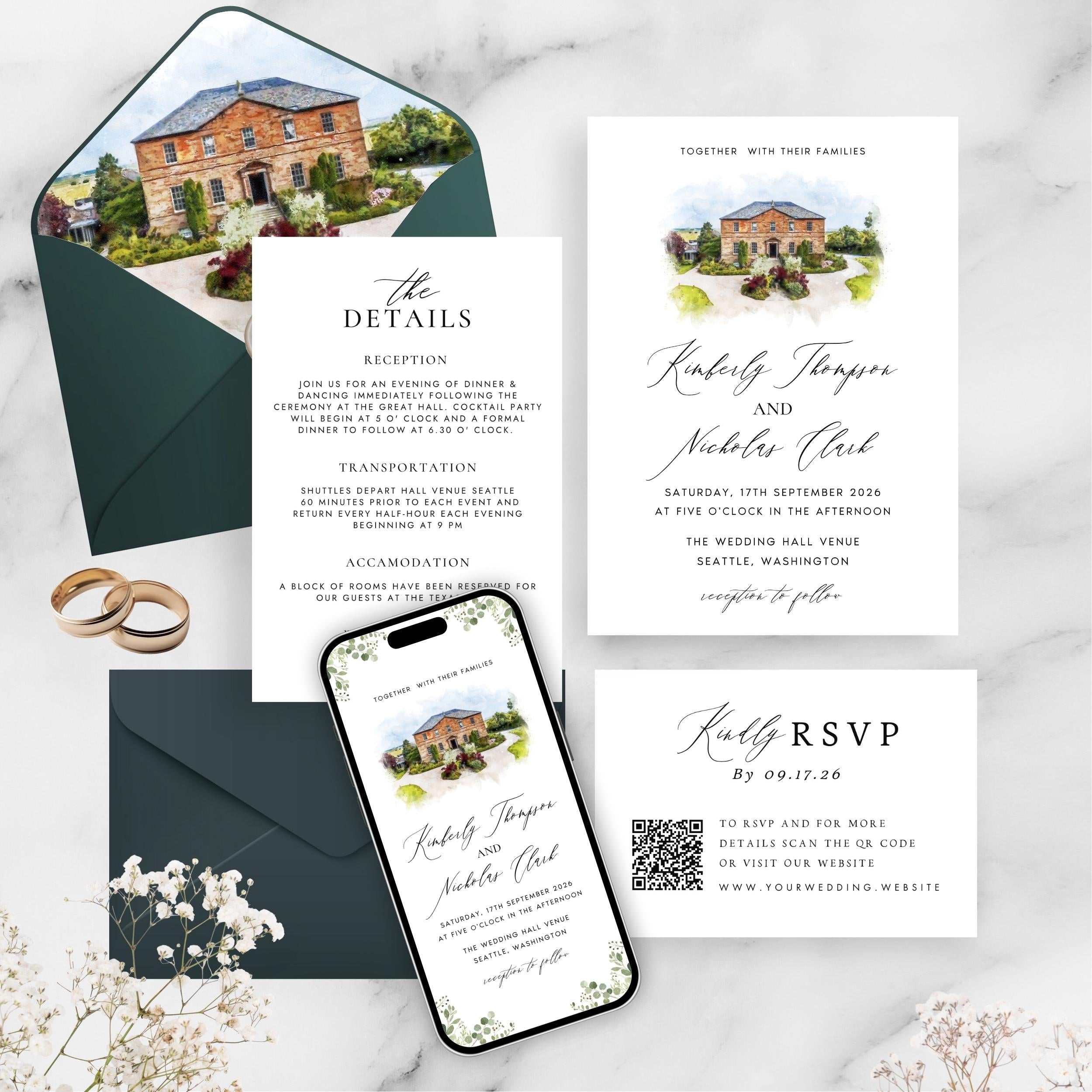 Custom Watercolor Venue Wedding Invitation set | Editable Canva Invite Template | Modern Wedding Illustration