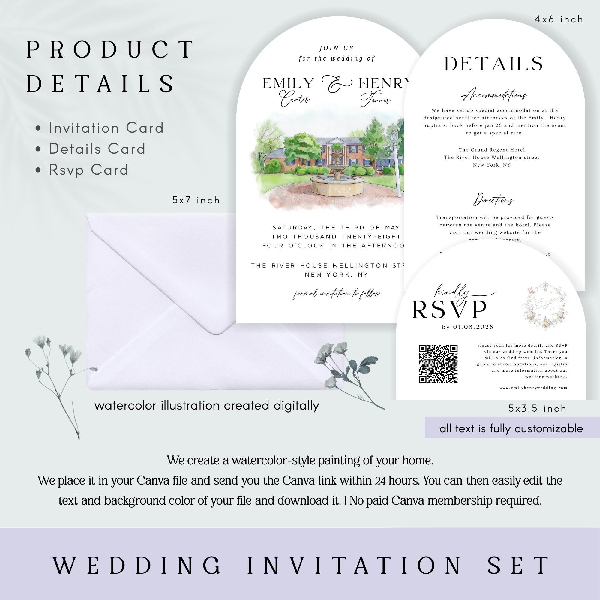 Custom Watercolor Venue Arch Wedding Invitation Template, Illustrations Invite Editable Canva Template,
