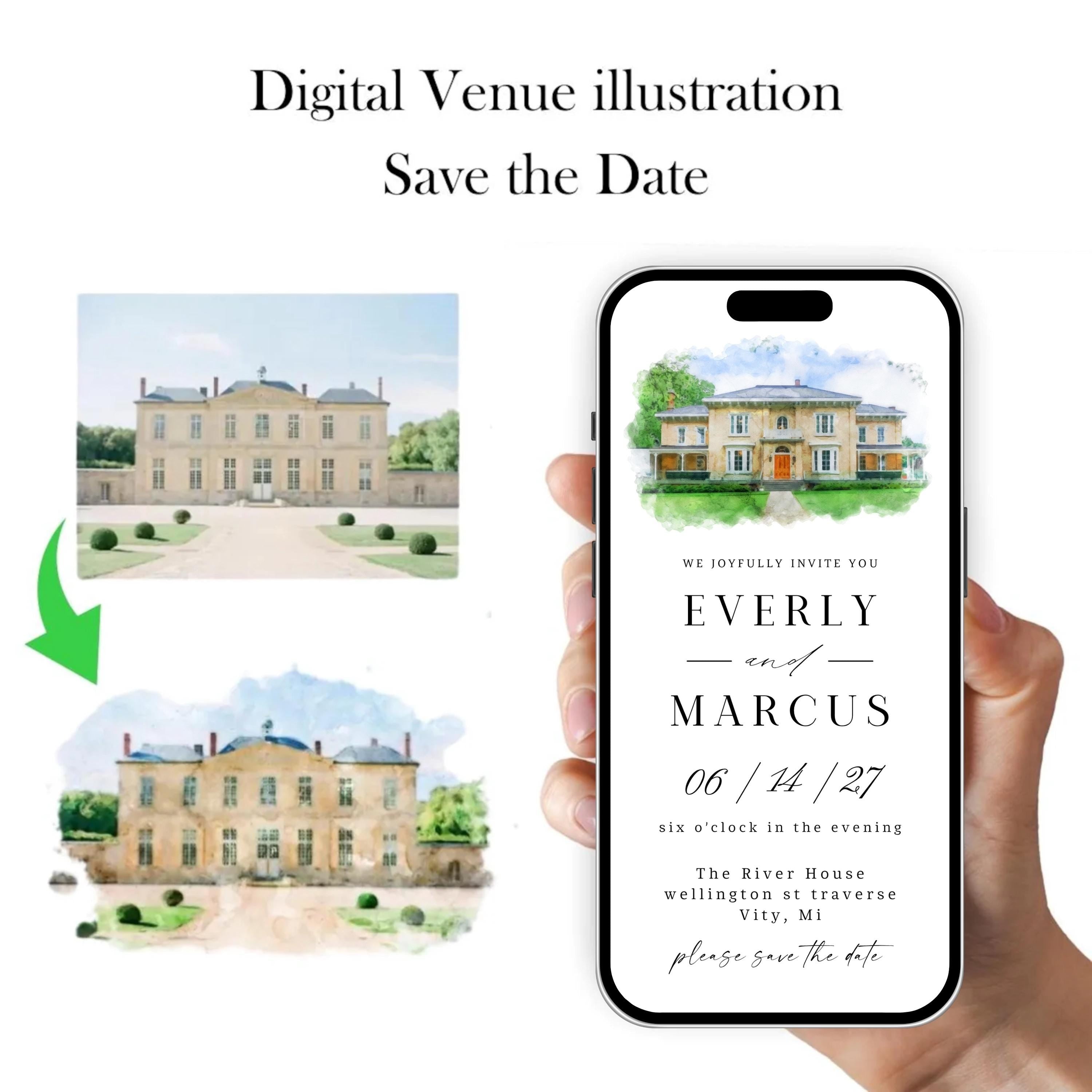 Digital Venue Sketch Save the Date: Watercolor Wedding E-vite (JPEG, PNG, PDF