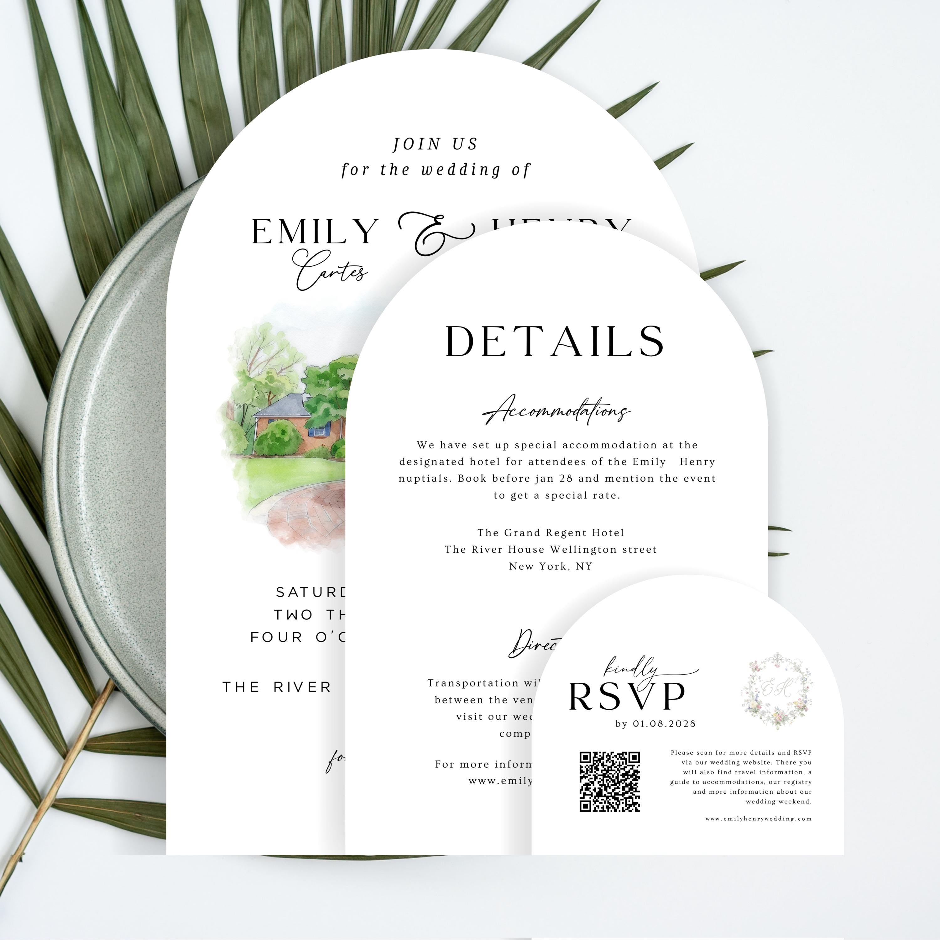 Custom Watercolor Venue Arch Wedding Invitation Template, Illustrations Invite Editable Canva Template,