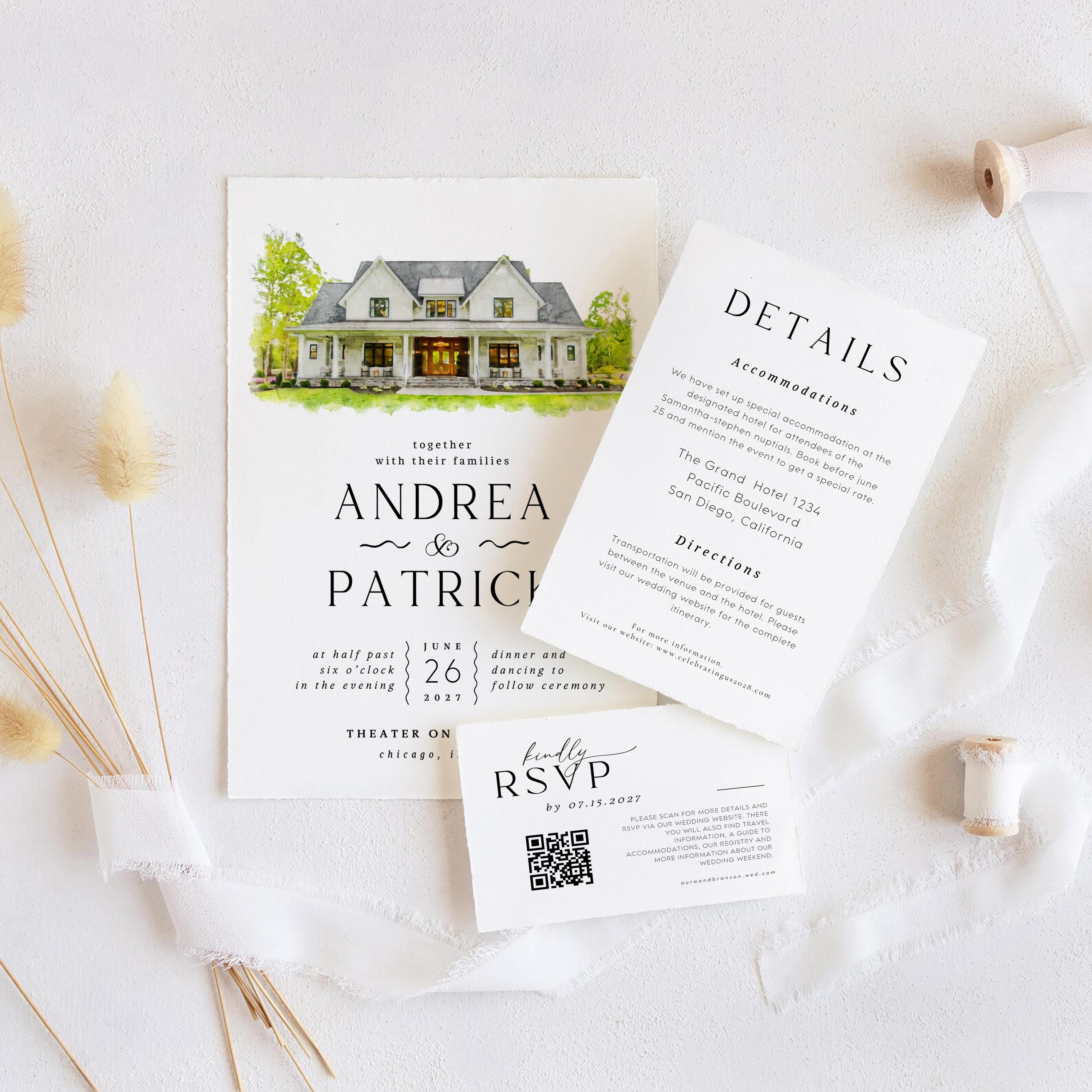 Custom Watercolor Venue Wedding Invitation Template (Canva)