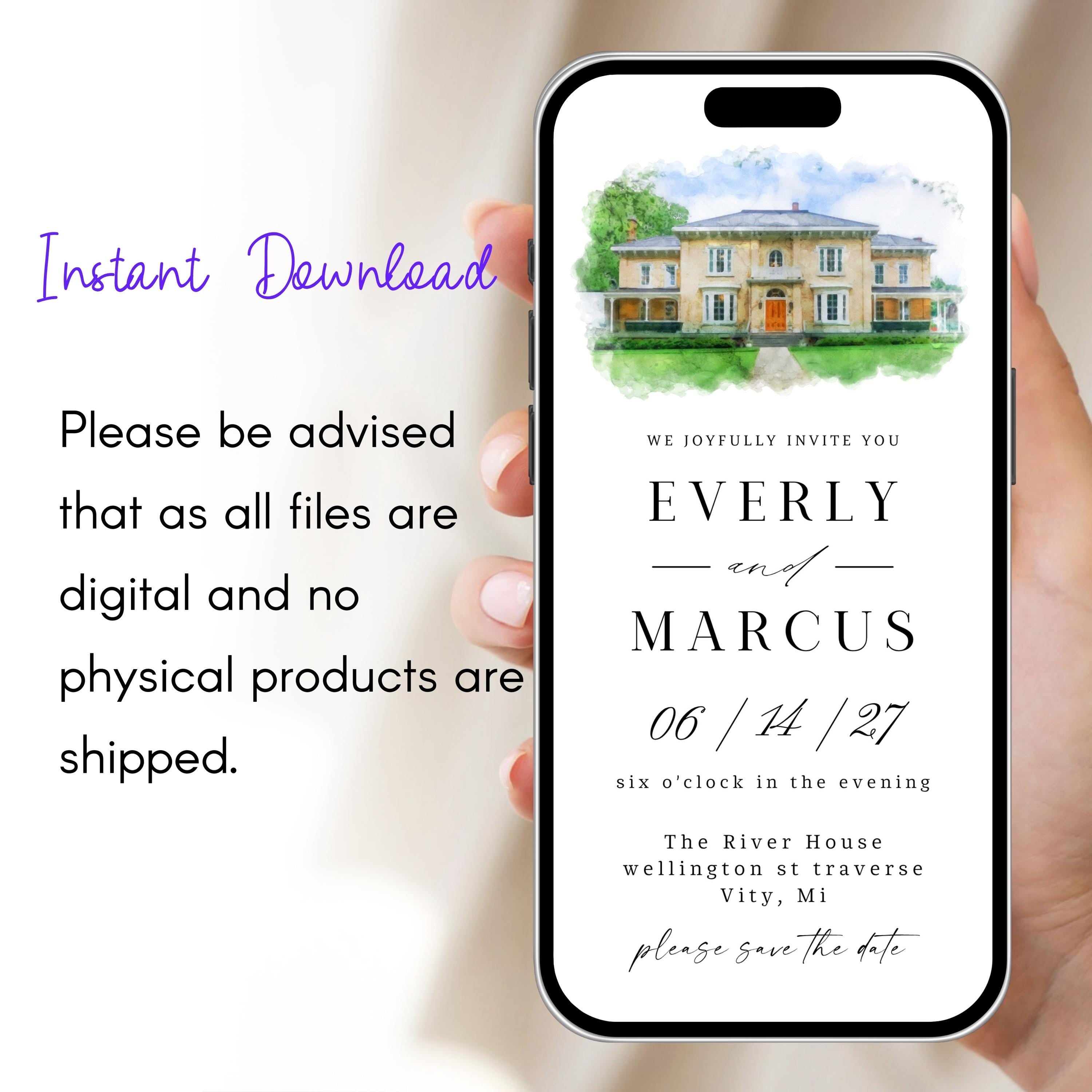 Digital Venue Sketch Save the Date: Watercolor Wedding E-vite (JPEG, PNG, PDF