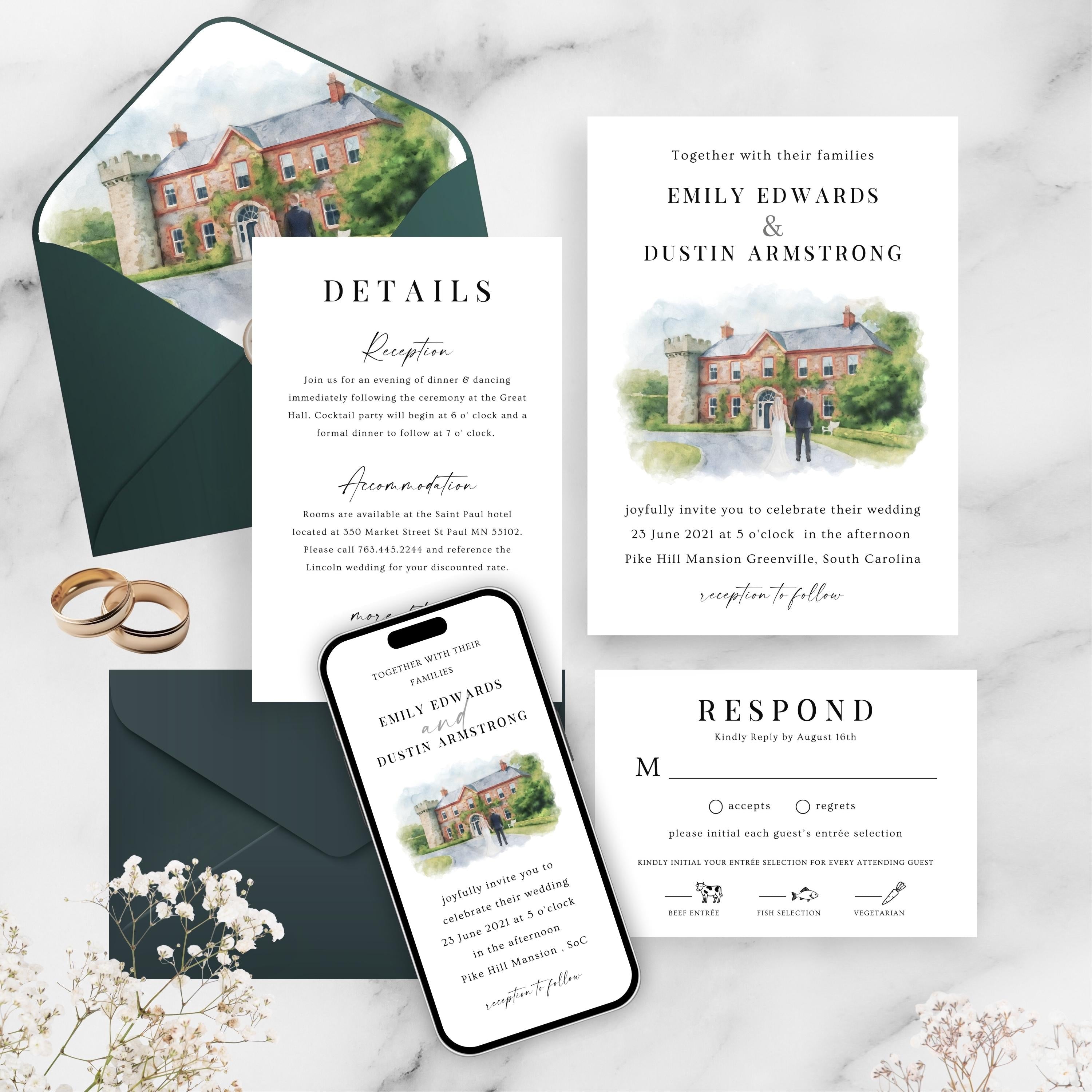 Custom Watercolor Venue Wedding Invitation set | Editable Canva Invite Template | Modern Wedding Illustration