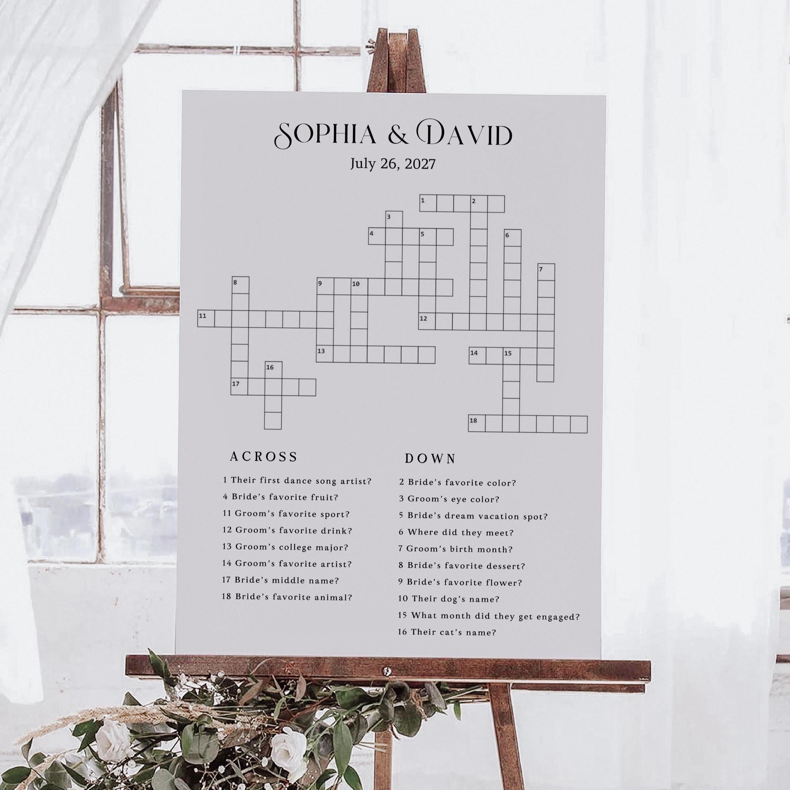 Custom Wedding Crossword Puzzle: Giant, Minimalist, Boho (Digital Deliver, PDF, JPEG, PNG Format)