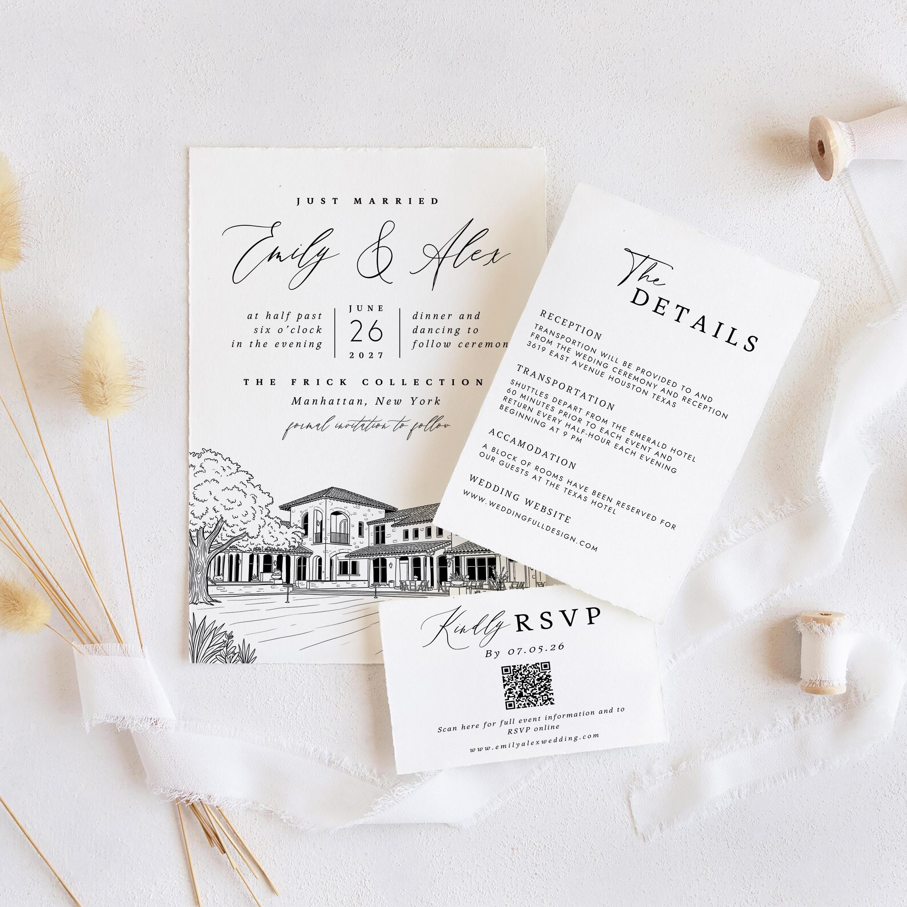 Personalized Wedding Venue Sketch Invitation Suite | Modern Wedding Stationery Bundle | Editable Canva Template