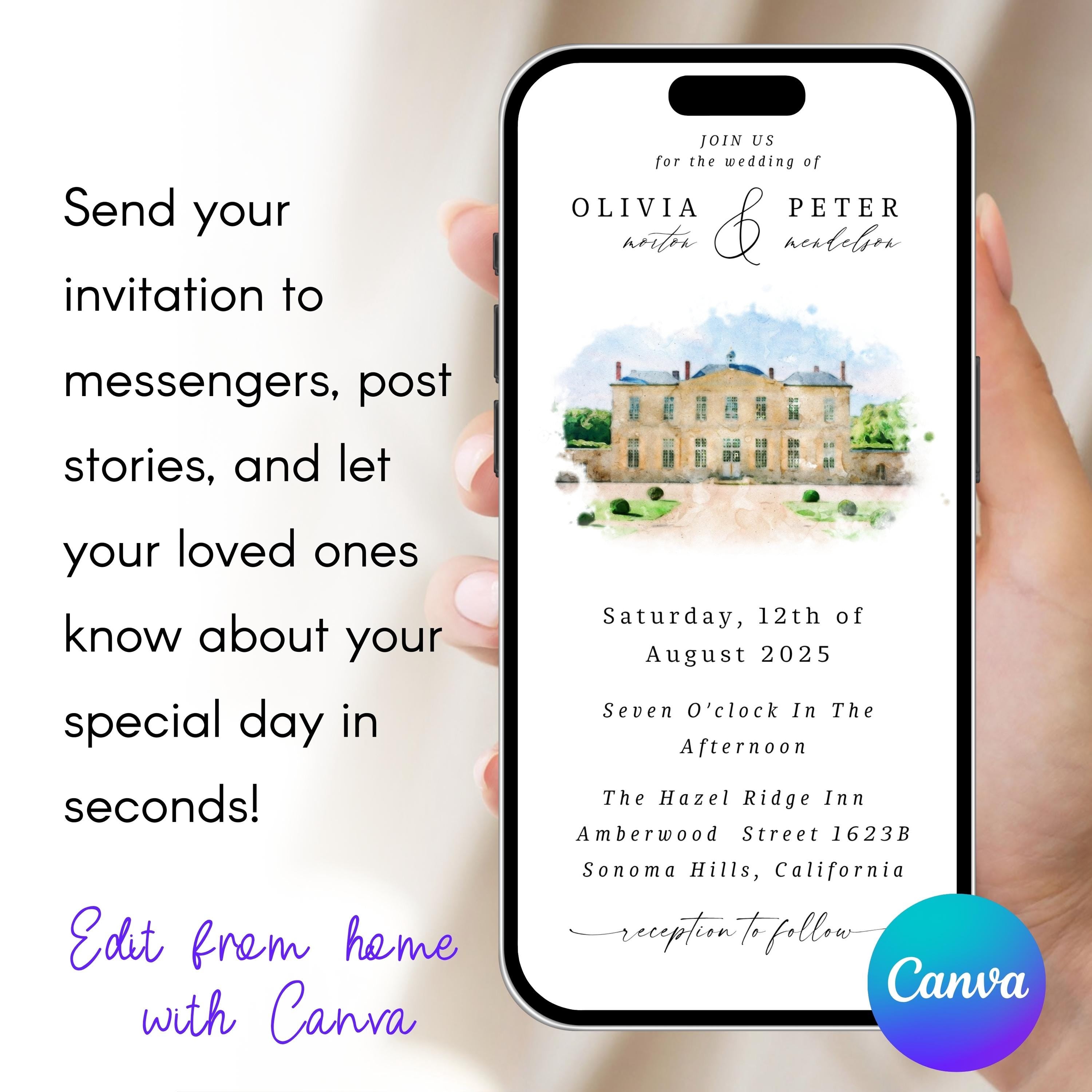 Digital Venue Sketch Save the Date: Watercolor Wedding E-vite (JPEG, PNG, PDF