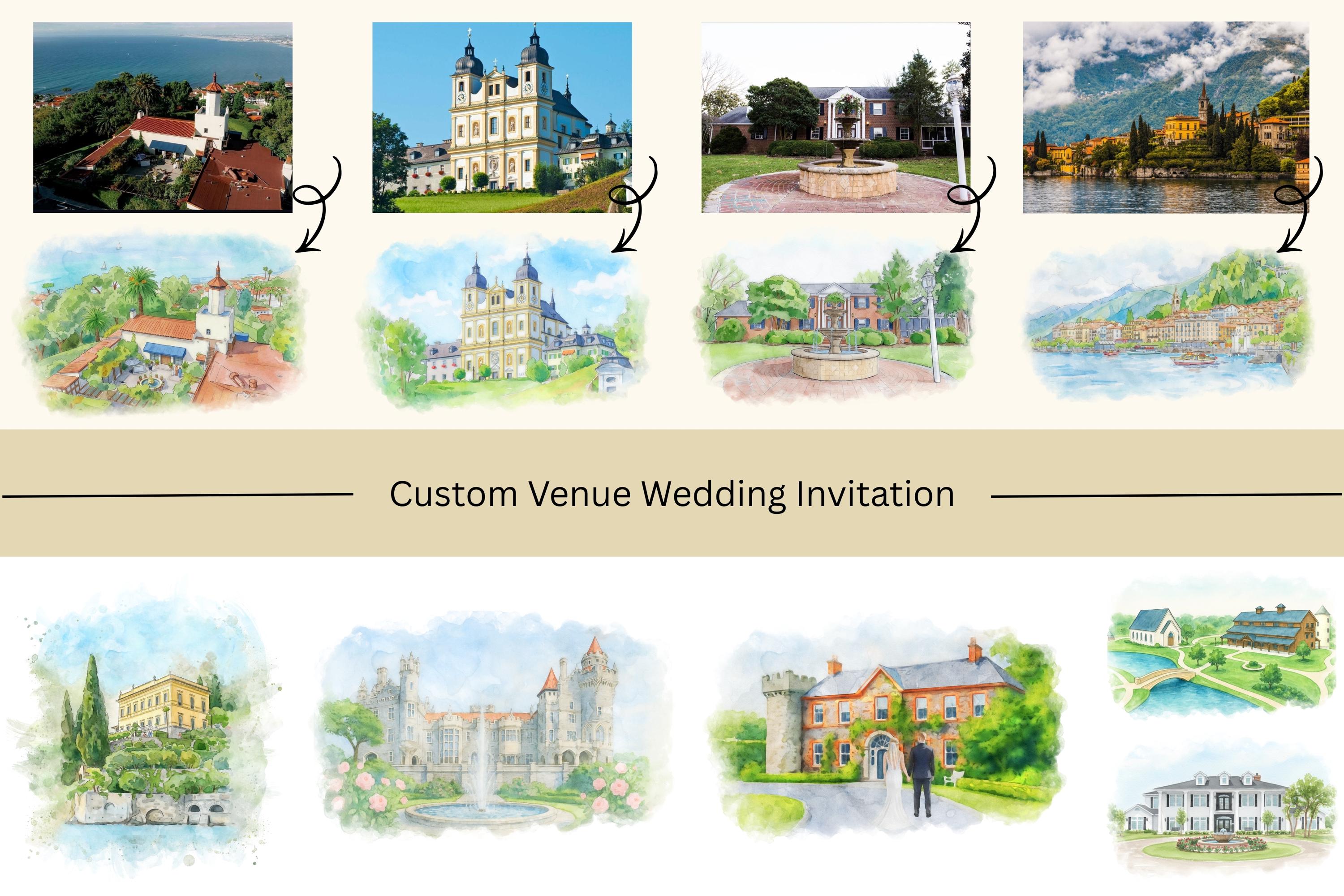 Custom Watercolor Venue Wedding Invitation Suite | Modern Invite set | Editable Canva Template